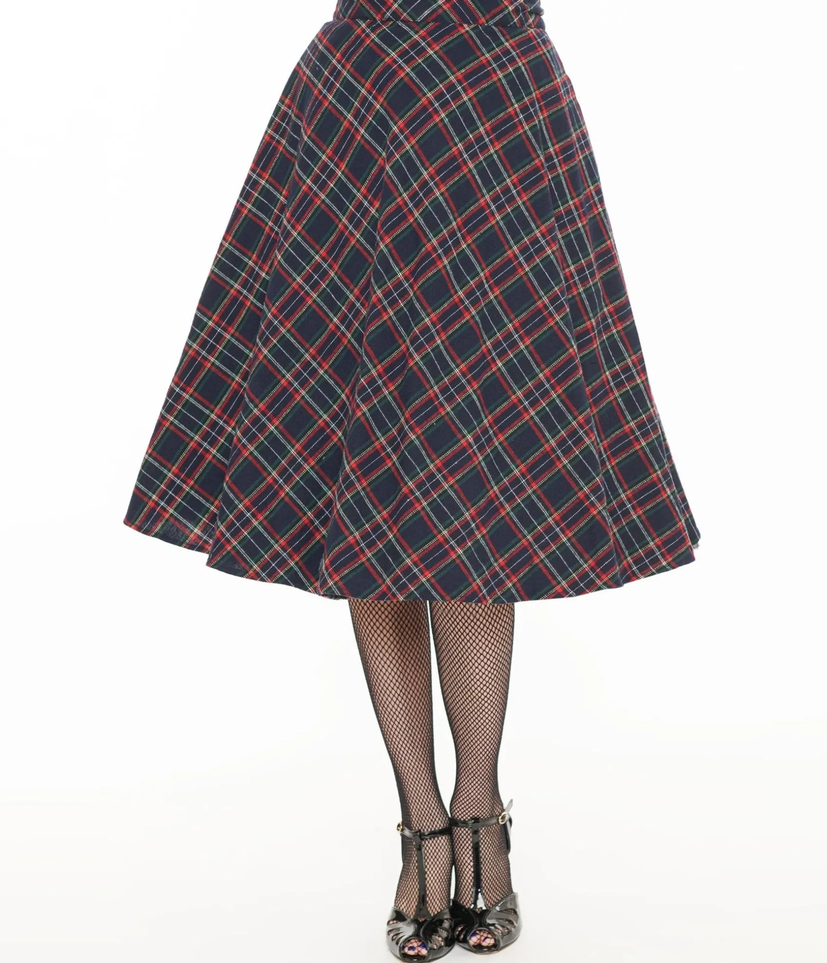 Unique Vintage 1950s Navy & Green Plaid High Waist Vivien Swing Skirt Best