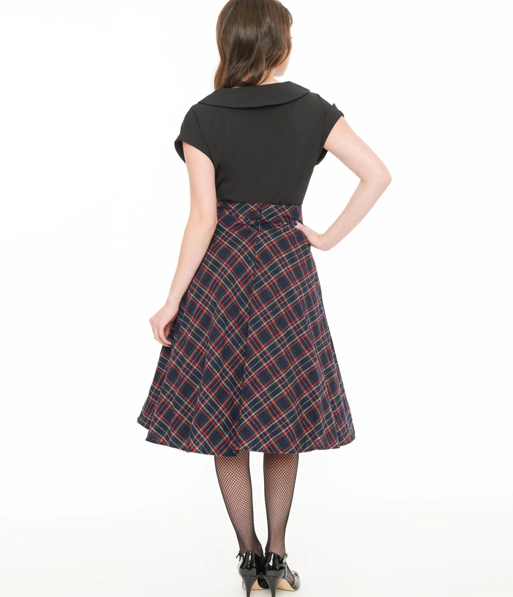 Unique Vintage 1950s Navy & Green Plaid High Waist Vivien Swing Skirt Best