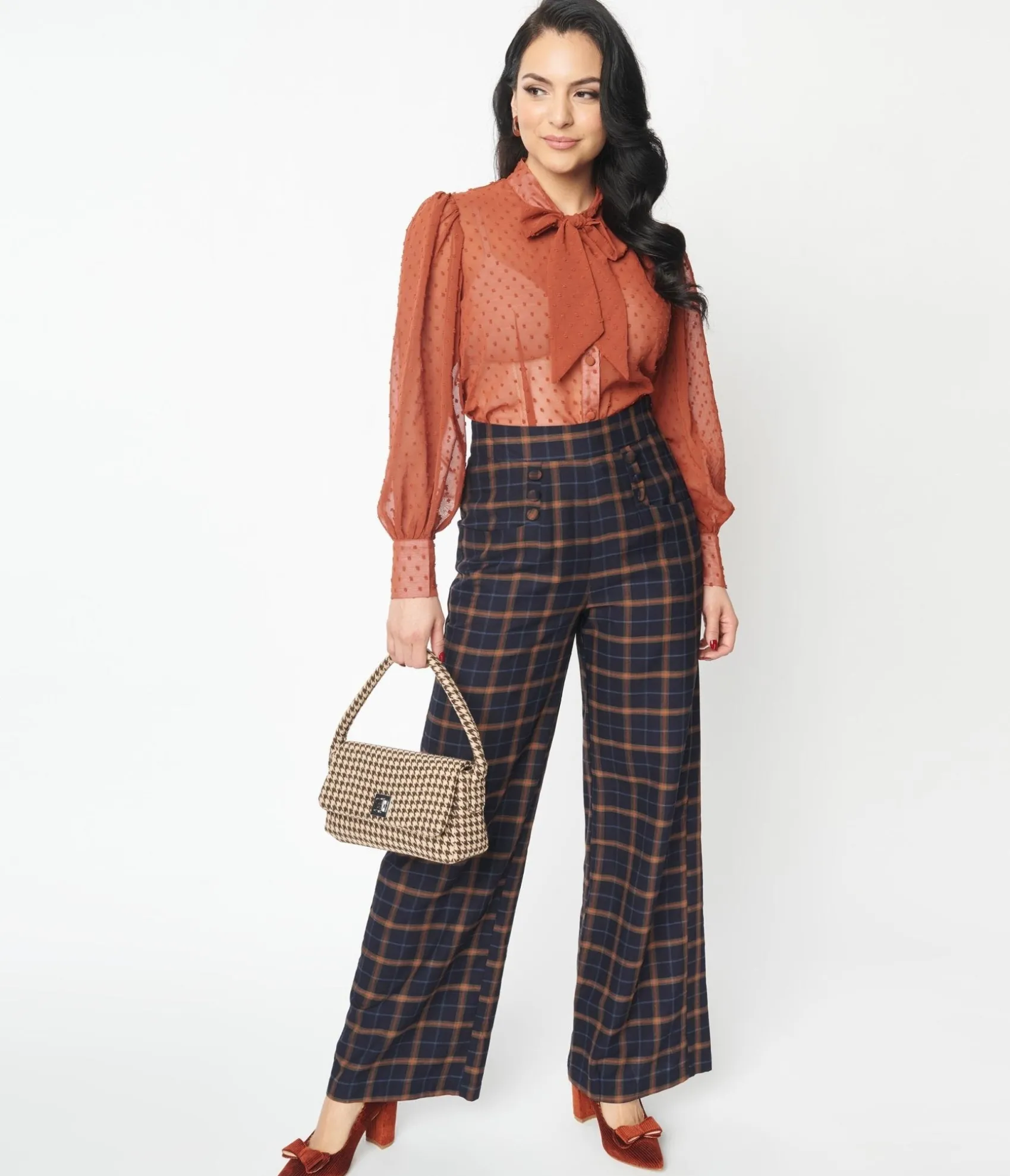 Unique Vintage 1940s Navy & Orange Plaid High Waist Sailor Ginger Pants Cheap