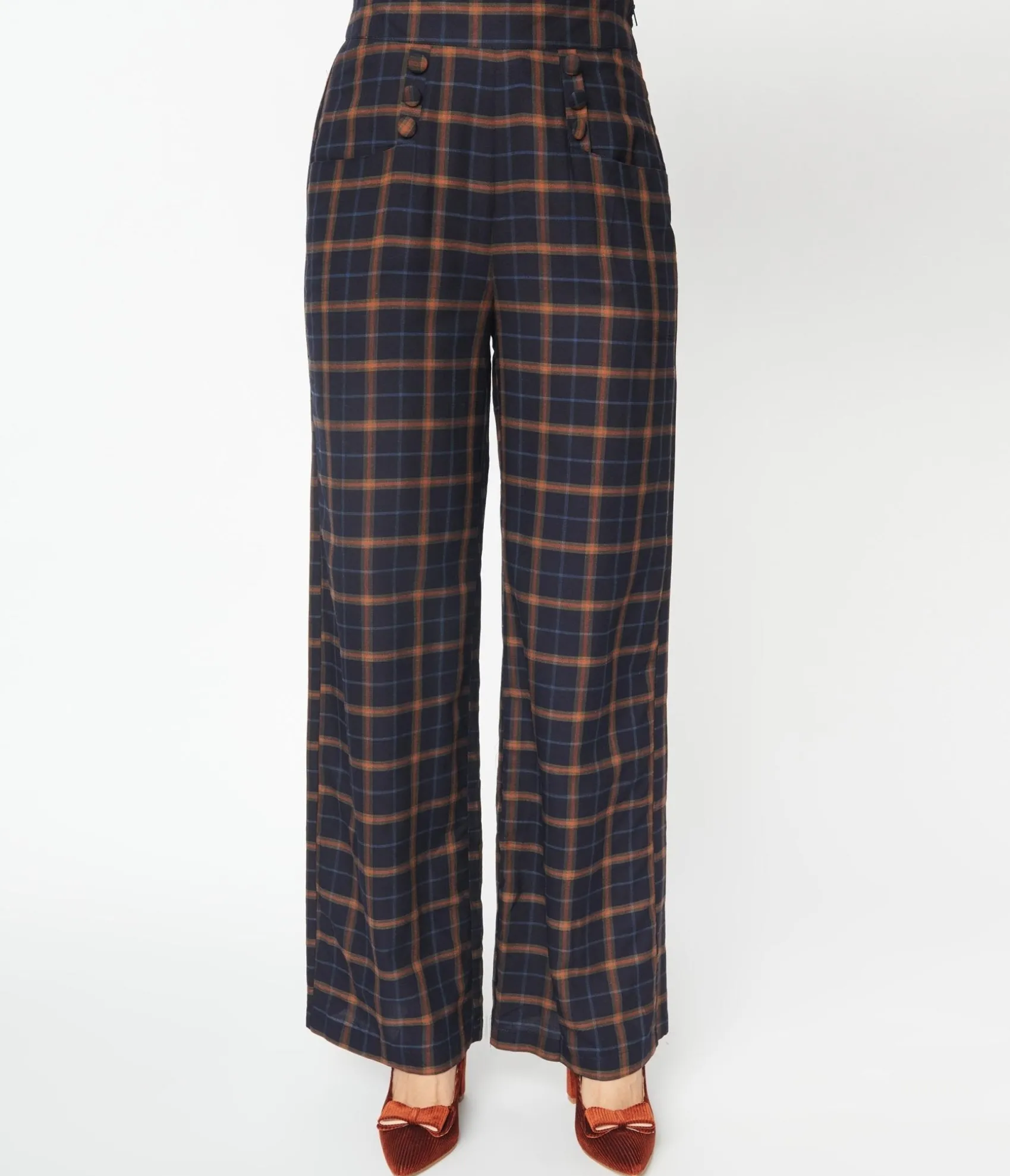 Unique Vintage 1940s Navy & Orange Plaid High Waist Sailor Ginger Pants Cheap