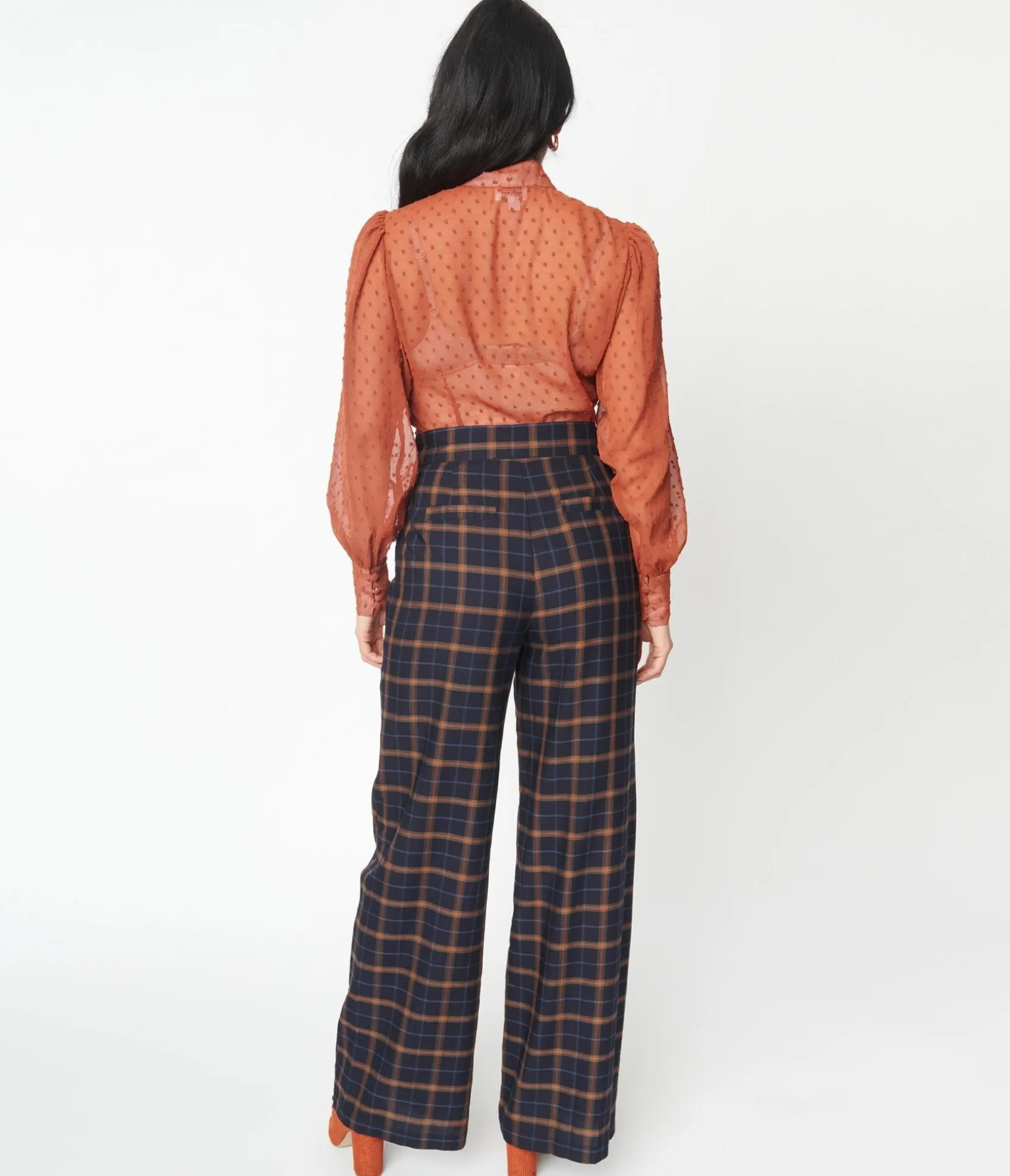 Unique Vintage 1940s Navy & Orange Plaid High Waist Sailor Ginger Pants Cheap