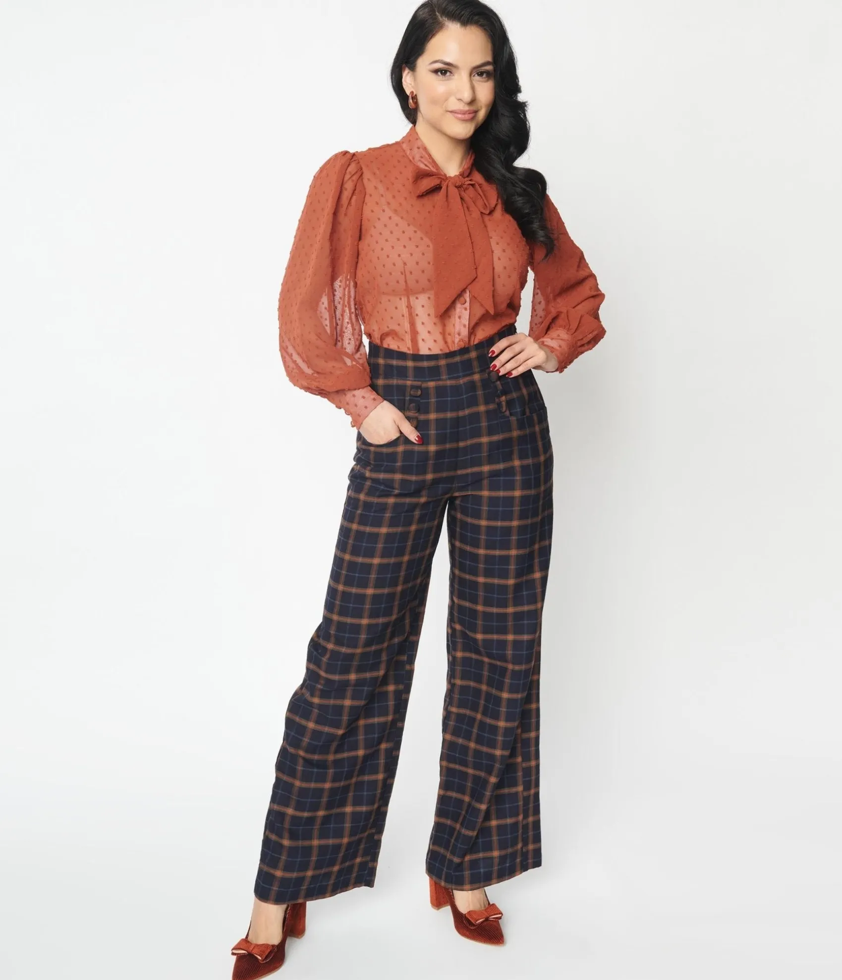 Unique Vintage 1940s Navy & Orange Plaid High Waist Sailor Ginger Pants Cheap
