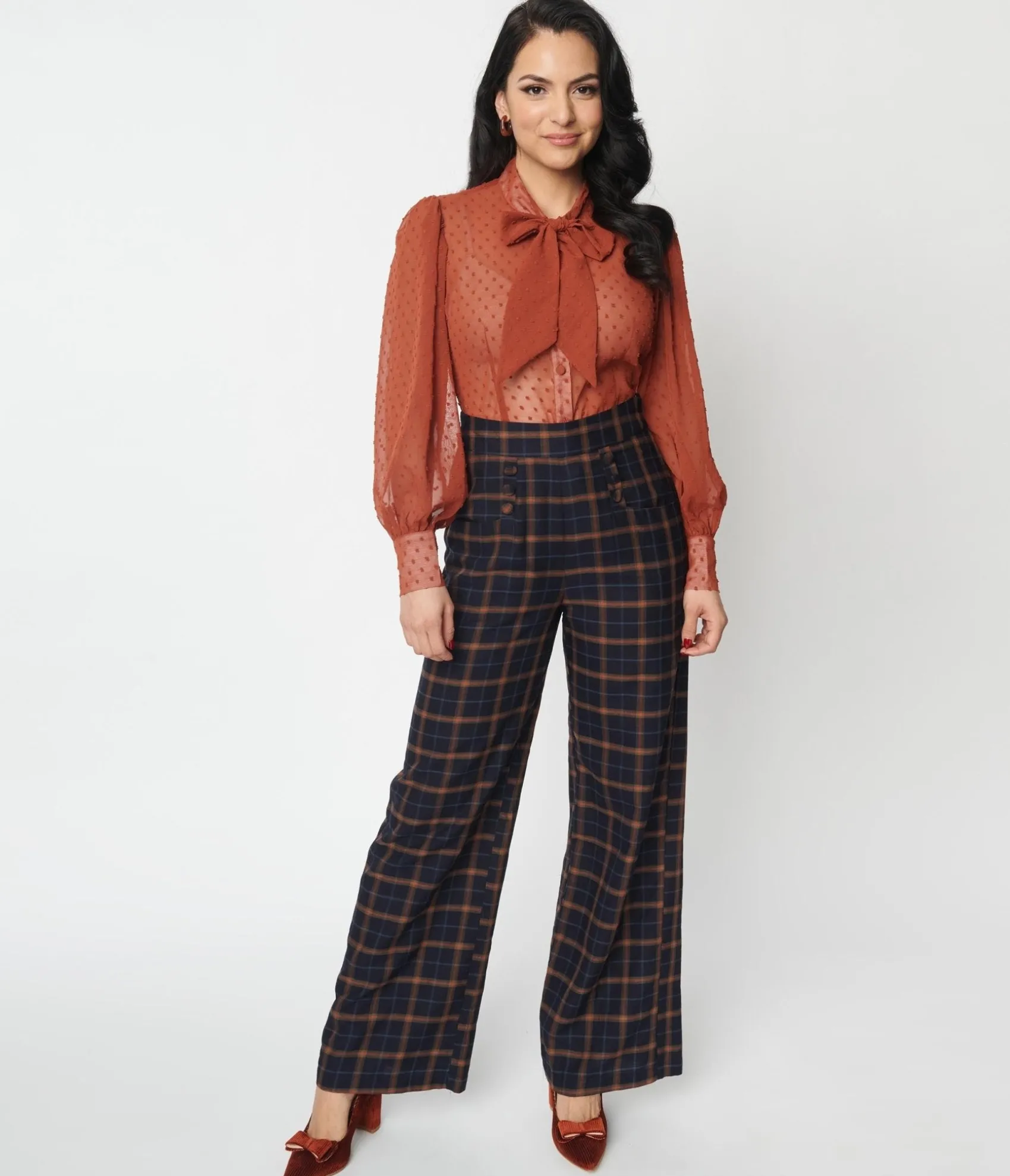 Unique Vintage 1940s Navy & Orange Plaid High Waist Sailor Ginger Pants Cheap