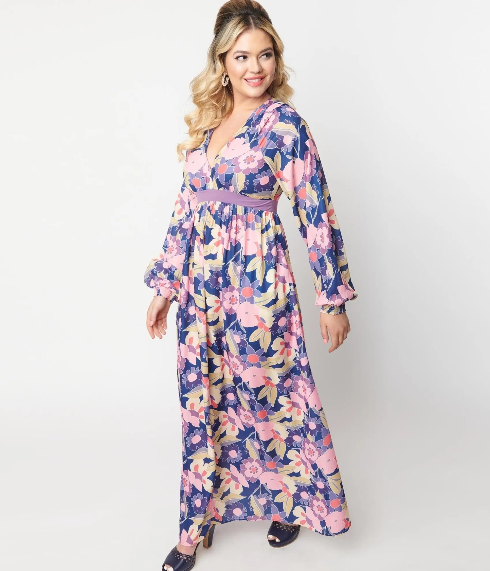 Unique Vintage 1970s Navy & Purple Floral Print Buttercup Maxi Dress Discount