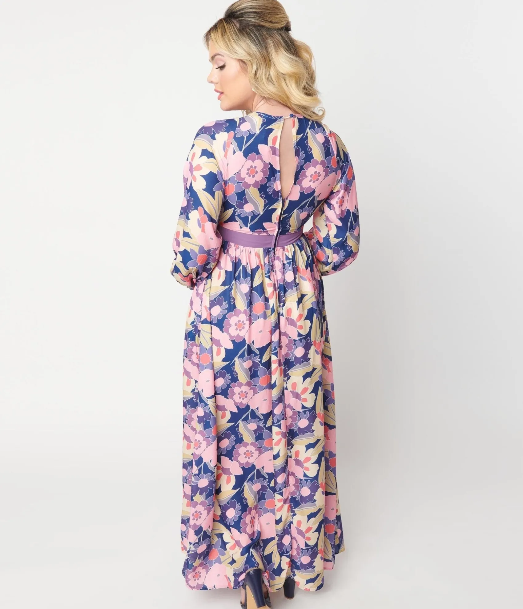 Unique Vintage 1970s Navy & Purple Floral Print Buttercup Maxi Dress Discount