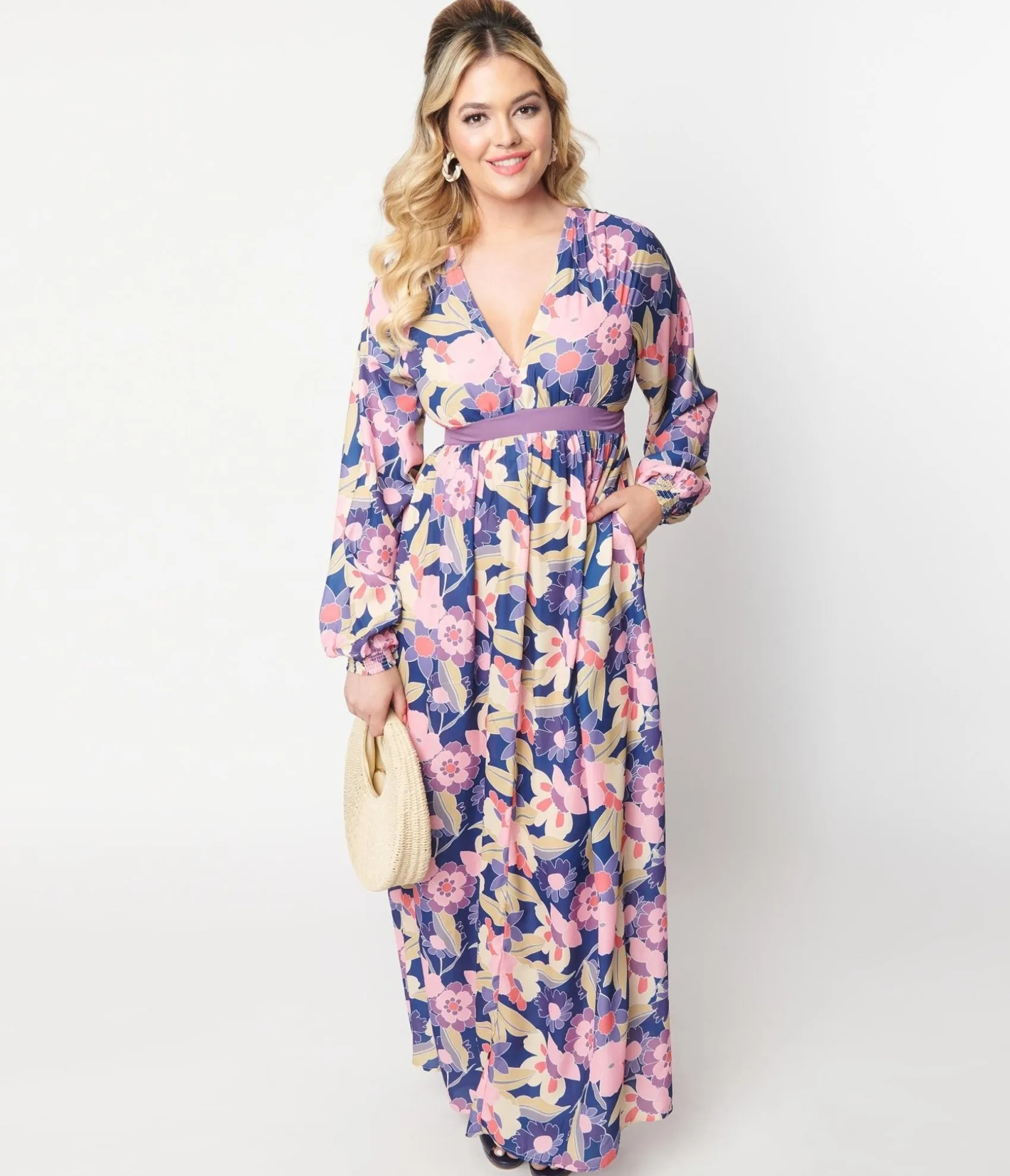 Unique Vintage 1970s Navy & Purple Floral Print Buttercup Maxi Dress Discount