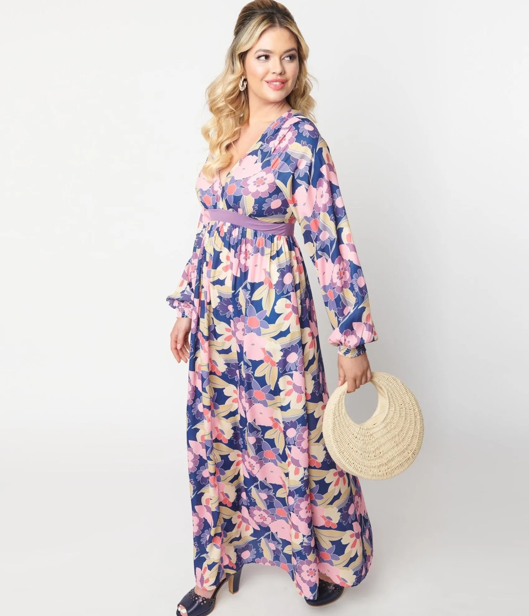 Unique Vintage 1970s Navy & Purple Floral Print Buttercup Maxi Dress Discount