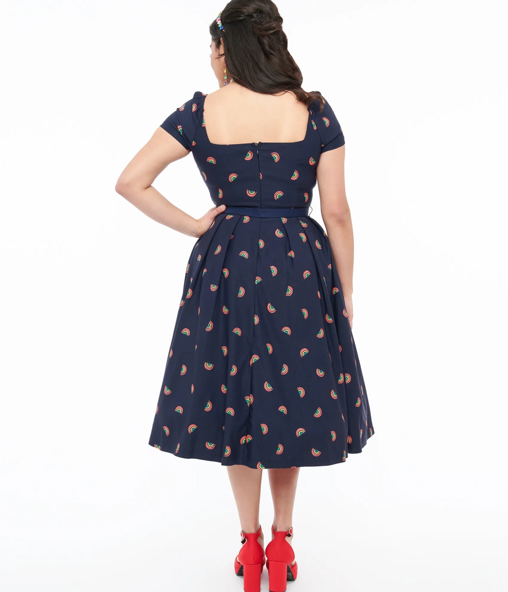 Unique Vintage 1950s Navy & Rainbow Stamp Midge Swing Dress New