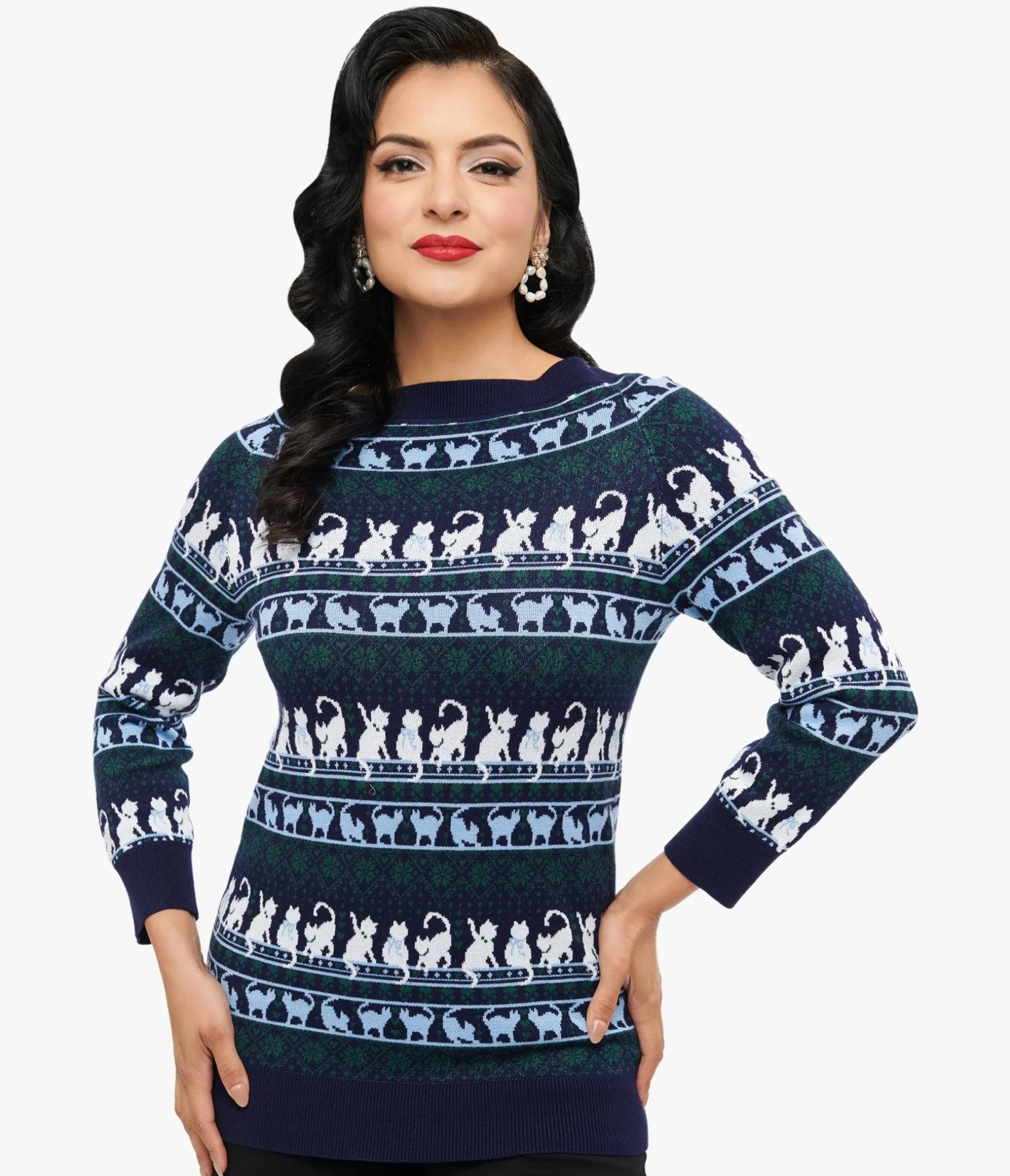 Unique Vintage 1940s Navy & White Cat Pattern Lorelai Sweater Hot
