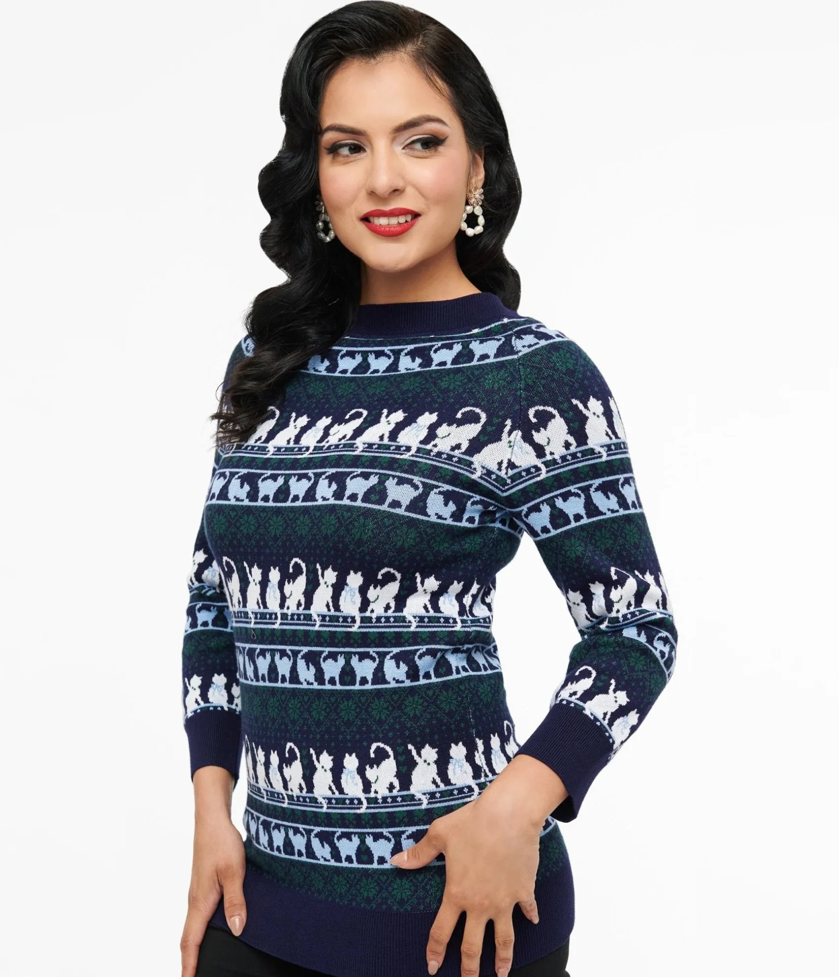 Unique Vintage 1940s Navy & White Cat Pattern Lorelai Sweater Hot