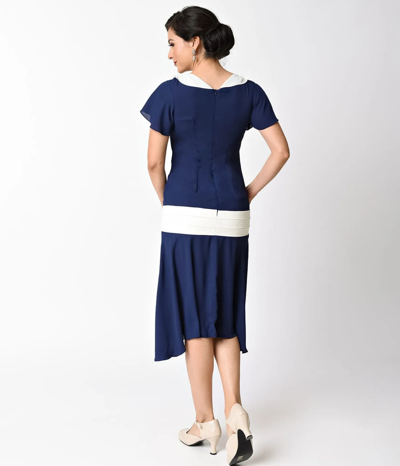 Unique Vintage 1920s Navy Blue & Ivory Wilshire Flapper Day Dress Best Sale