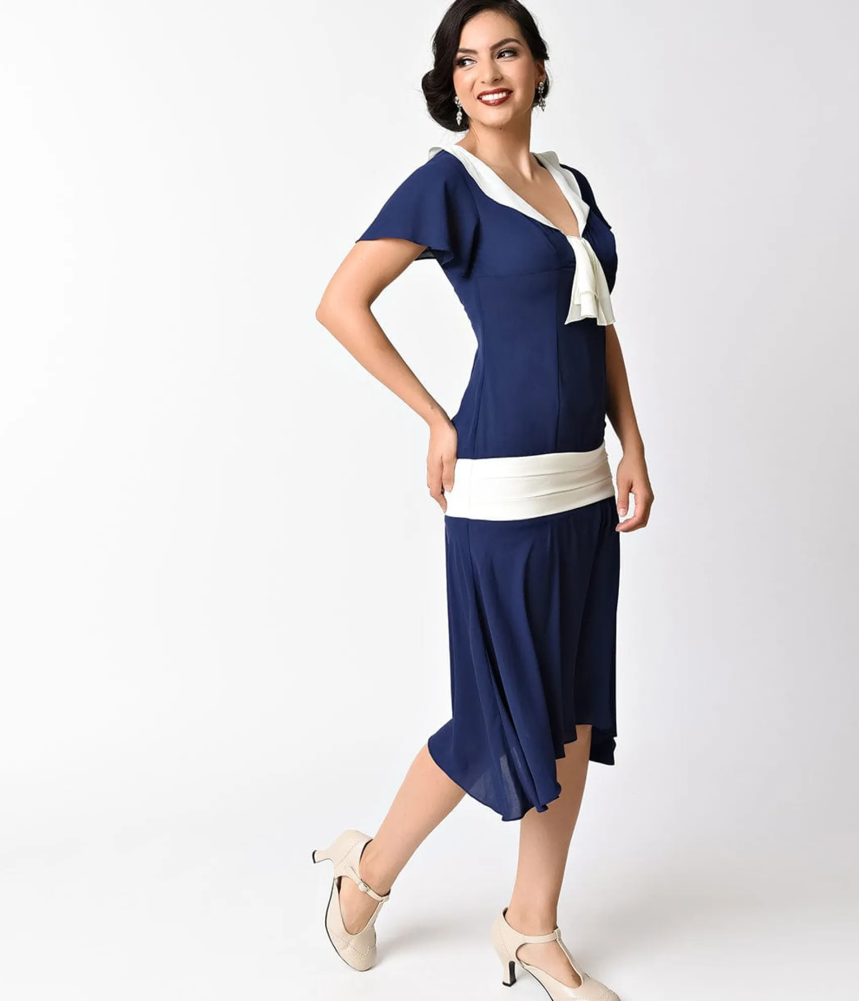 Unique Vintage 1920s Navy Blue & Ivory Wilshire Flapper Day Dress Best Sale