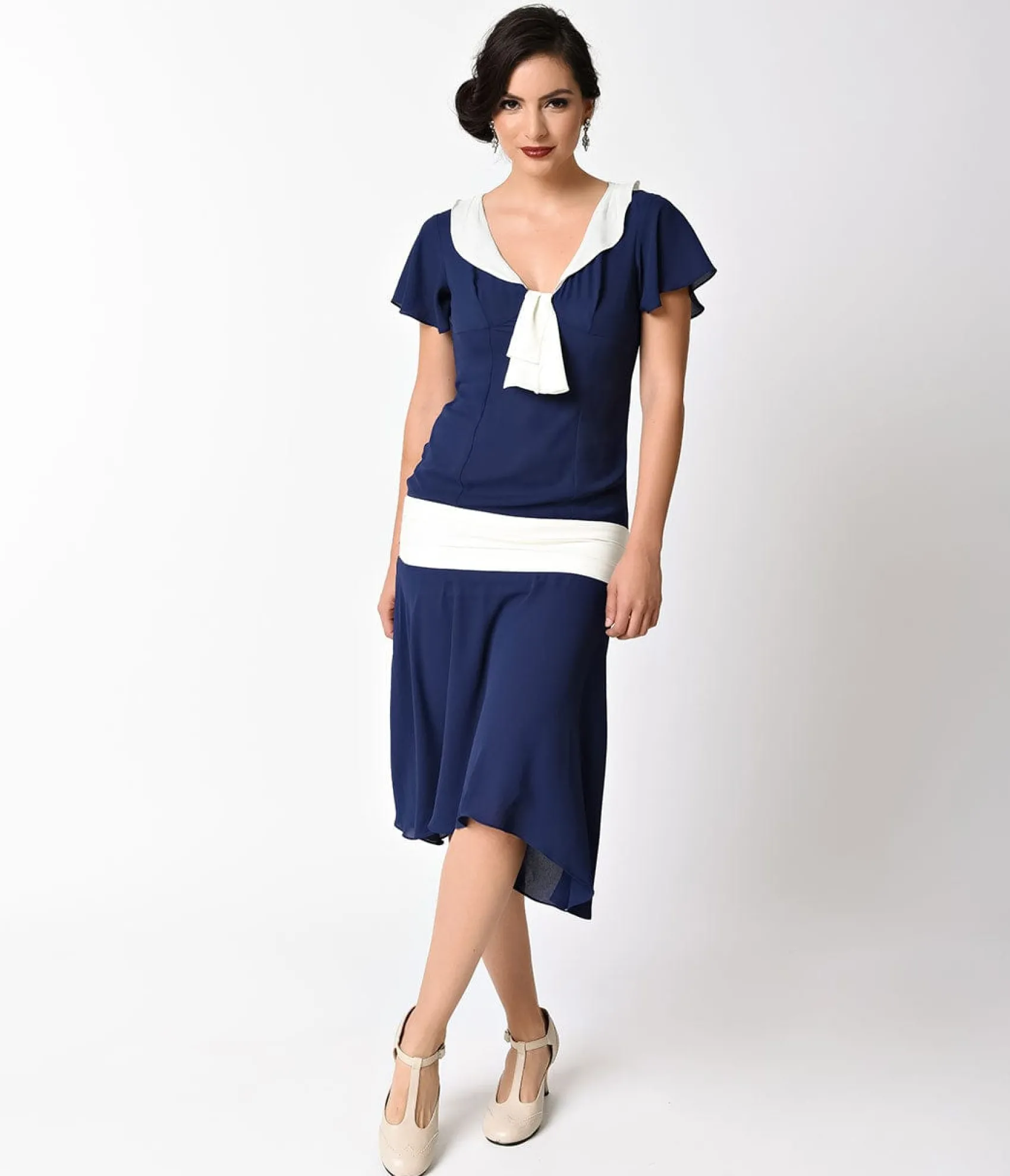 Unique Vintage 1920s Navy Blue & Ivory Wilshire Flapper Day Dress Best Sale