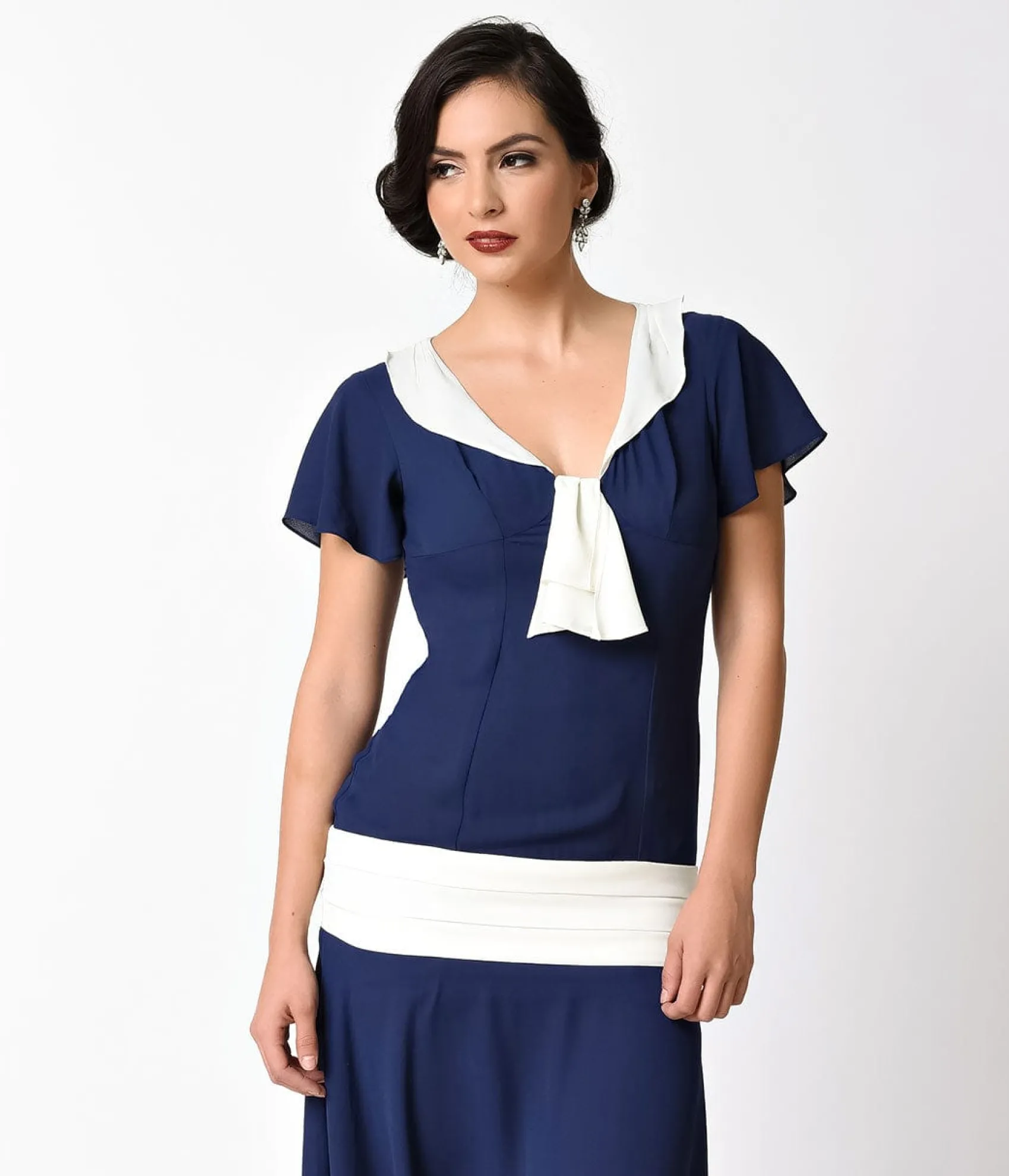 Unique Vintage 1920s Navy Blue & Ivory Wilshire Flapper Day Dress Best Sale