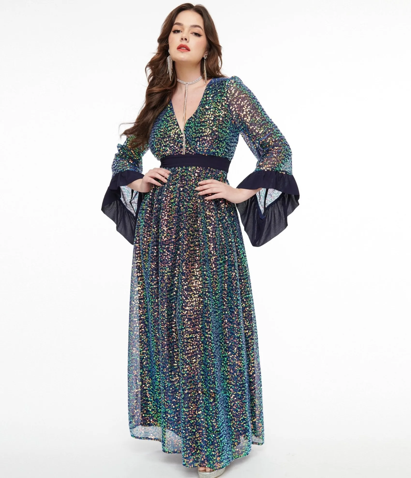 Unique Vintage 1970s Navy Glitter Sequin Maxi Dress Discount