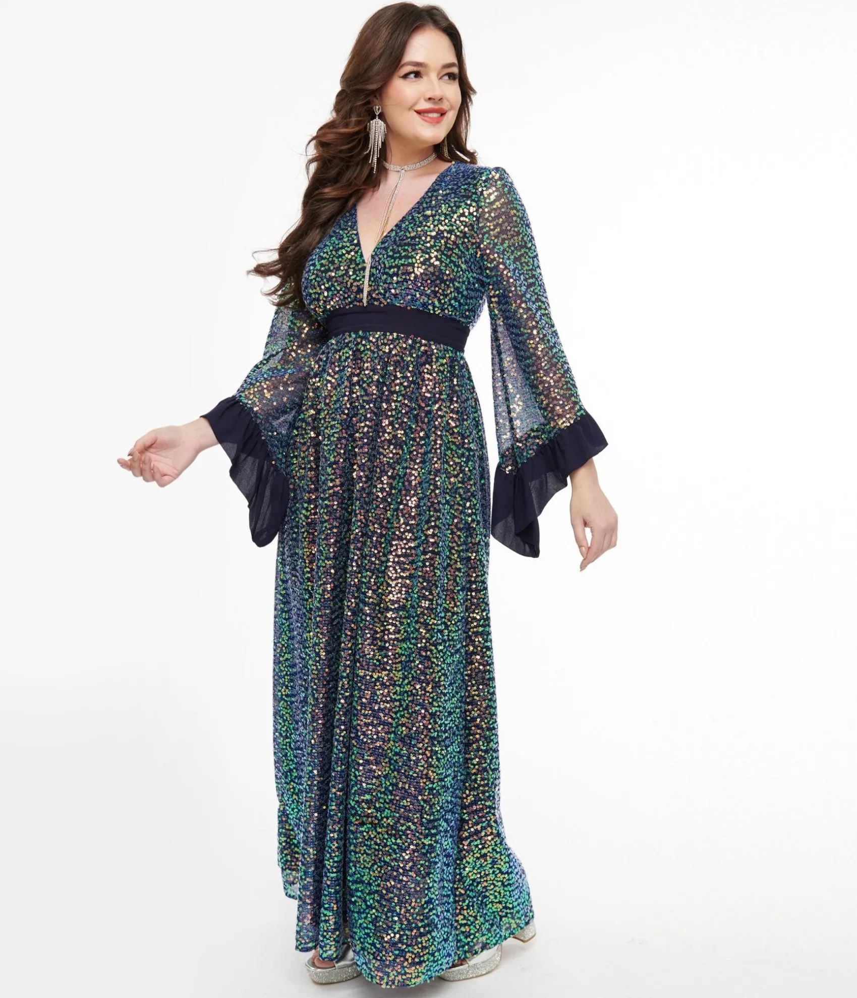 Unique Vintage 1970s Navy Glitter Sequin Maxi Dress Discount