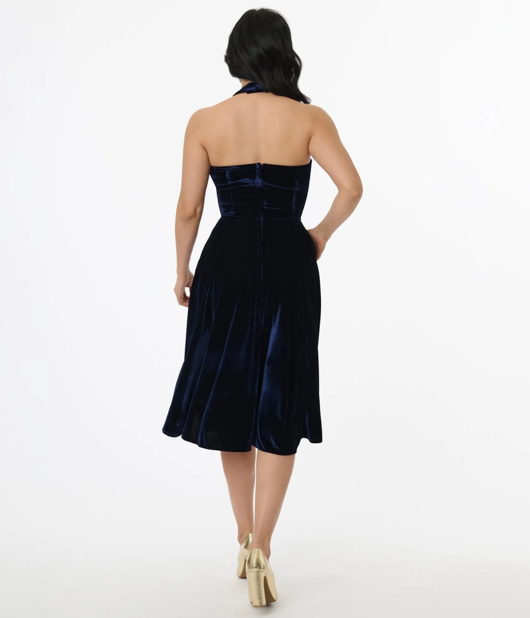 Unique Vintage 1950s Navy Velvet Criss Cross Halter Rita Flare Dress Cheap