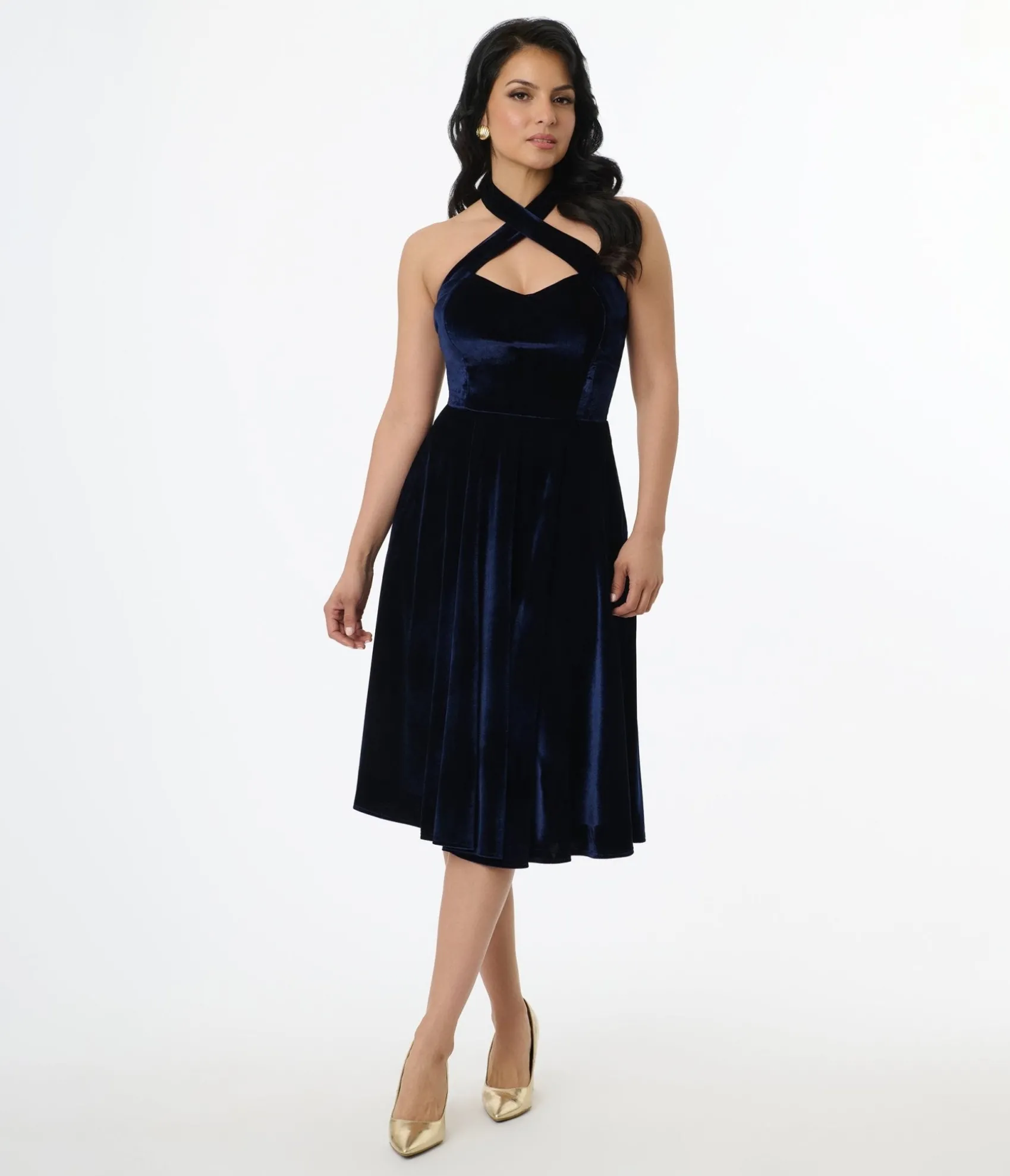 Unique Vintage 1950s Navy Velvet Criss Cross Halter Rita Flare Dress Cheap