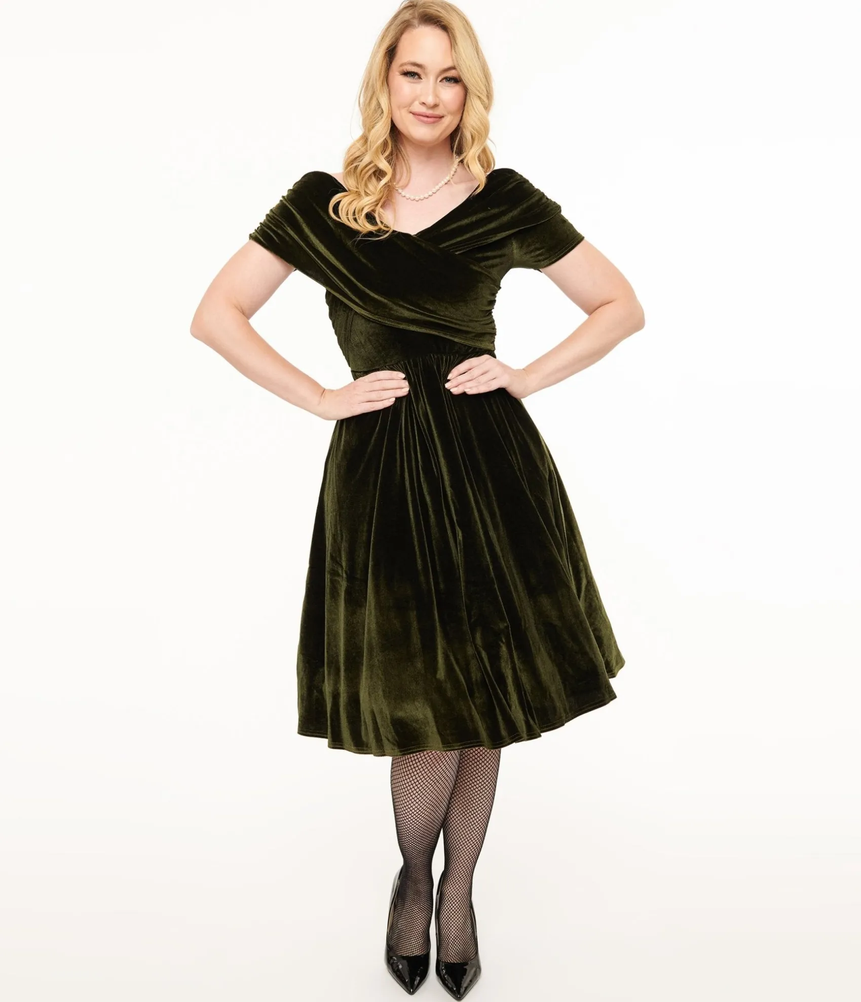 Unique Vintage 1950s Olive Green Shirred Velvet Swing Dress Cheap