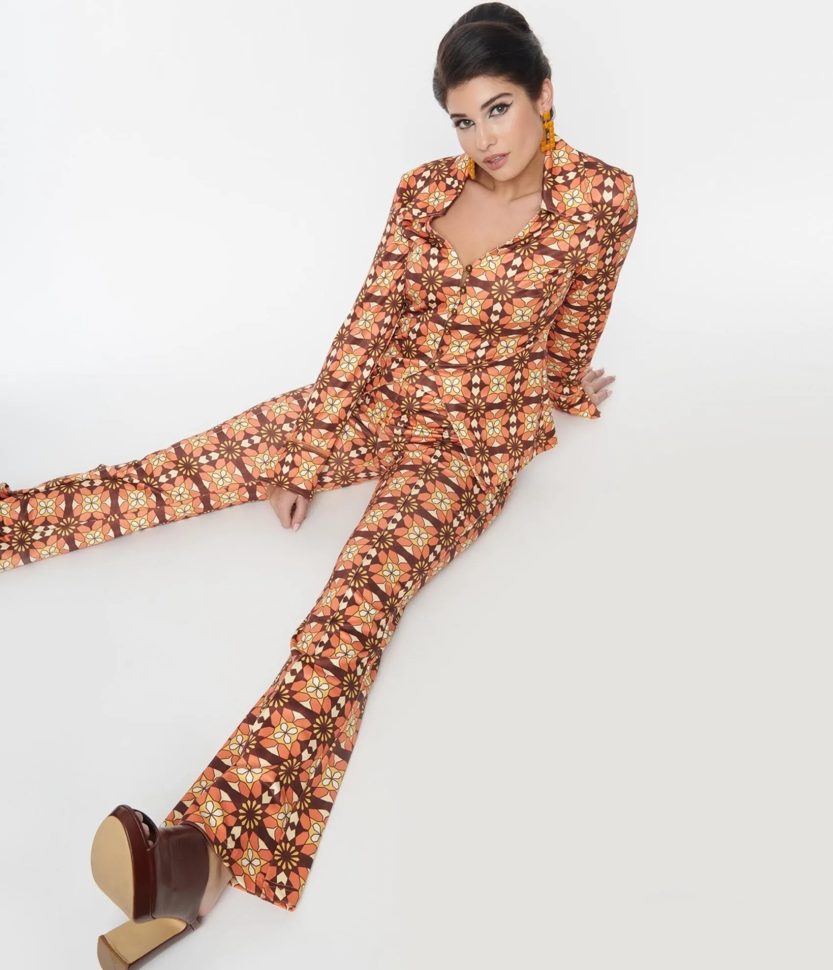 Unique Vintage 1970s Orange & Brown Mosaic Flare Pants Flash Sale