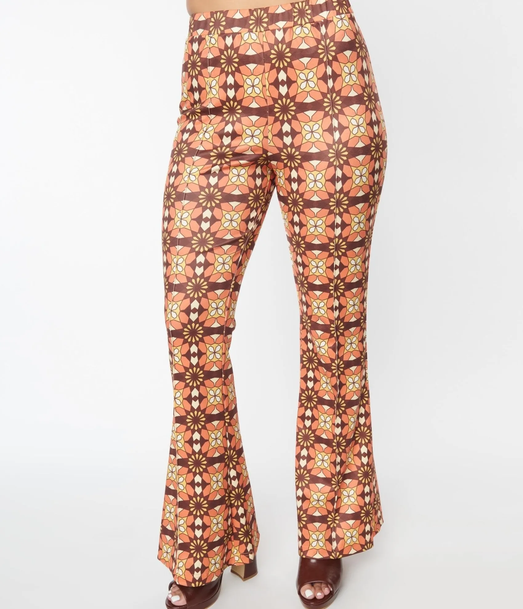 Unique Vintage 1970s Orange & Brown Mosaic Flare Pants Flash Sale