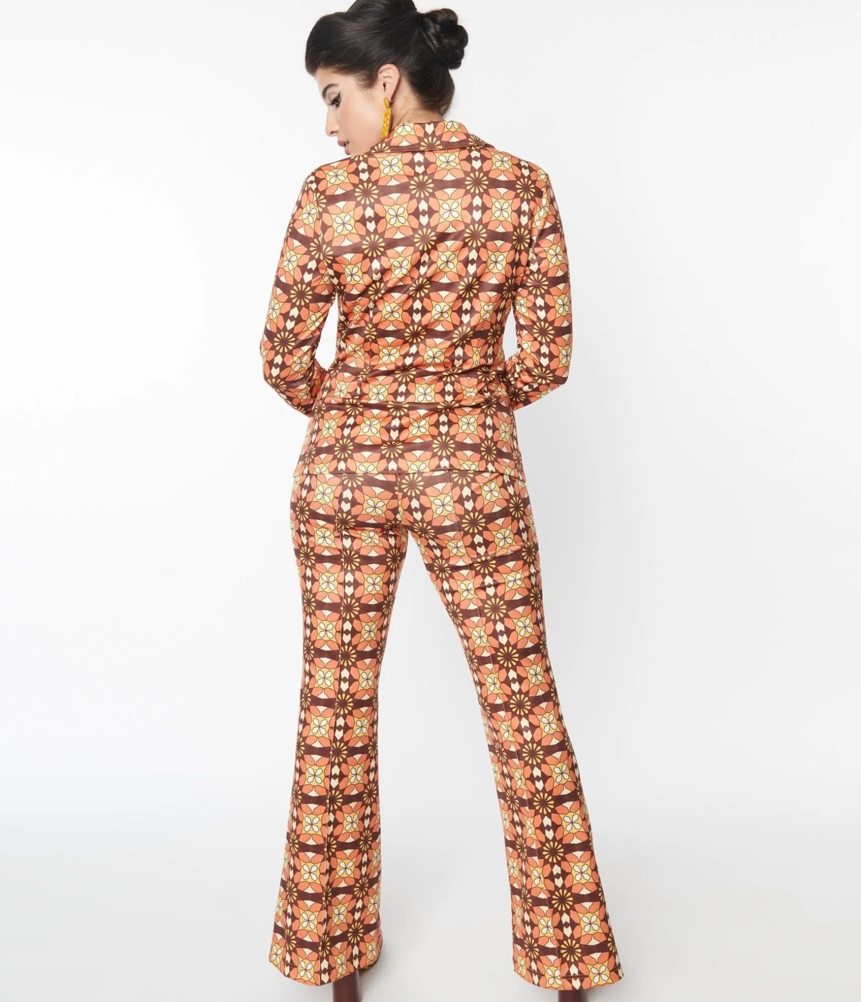 Unique Vintage 1970s Orange & Brown Mosaic Flare Pants Flash Sale