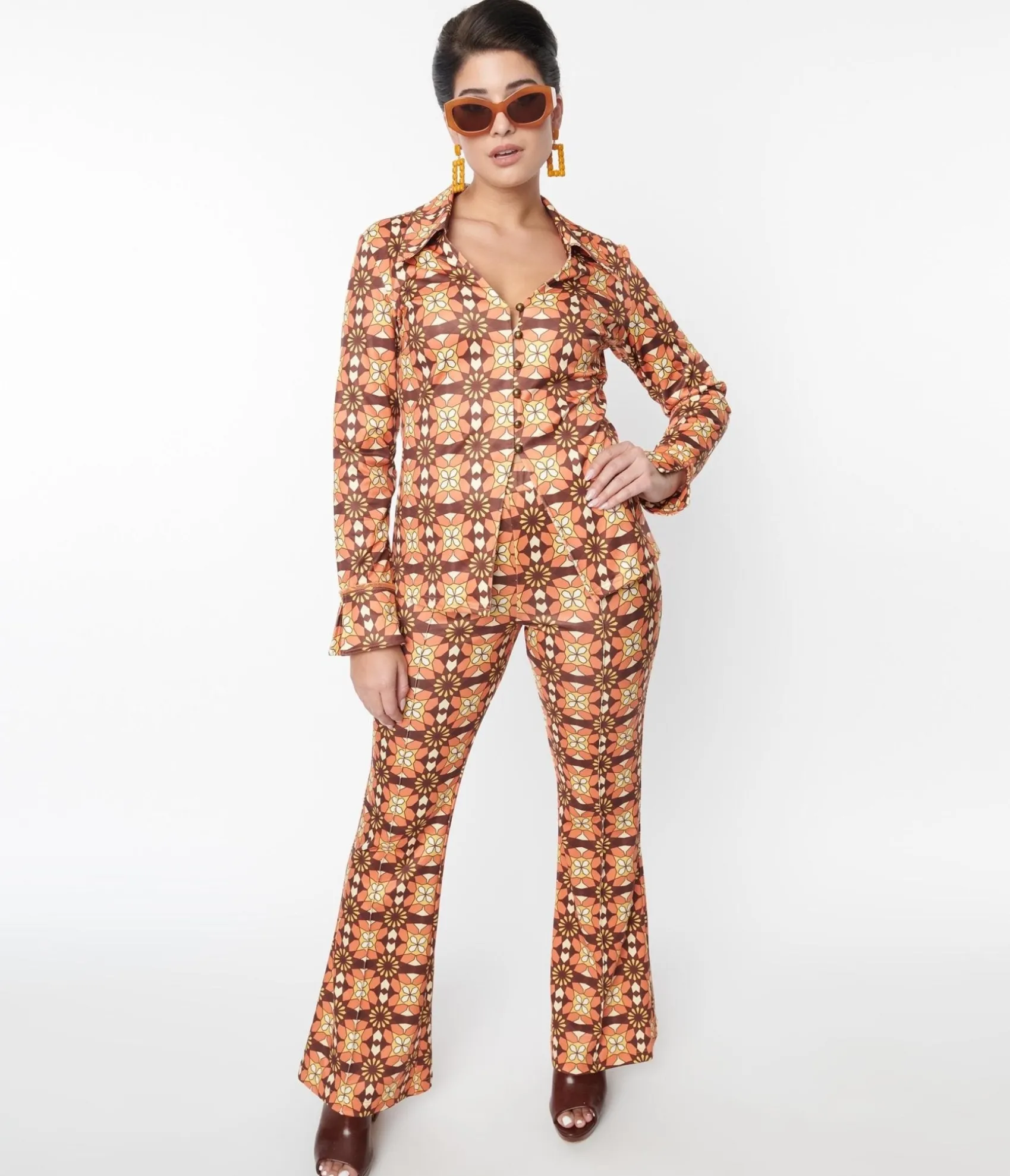 Unique Vintage 1970s Orange & Brown Mosaic Flare Pants Flash Sale
