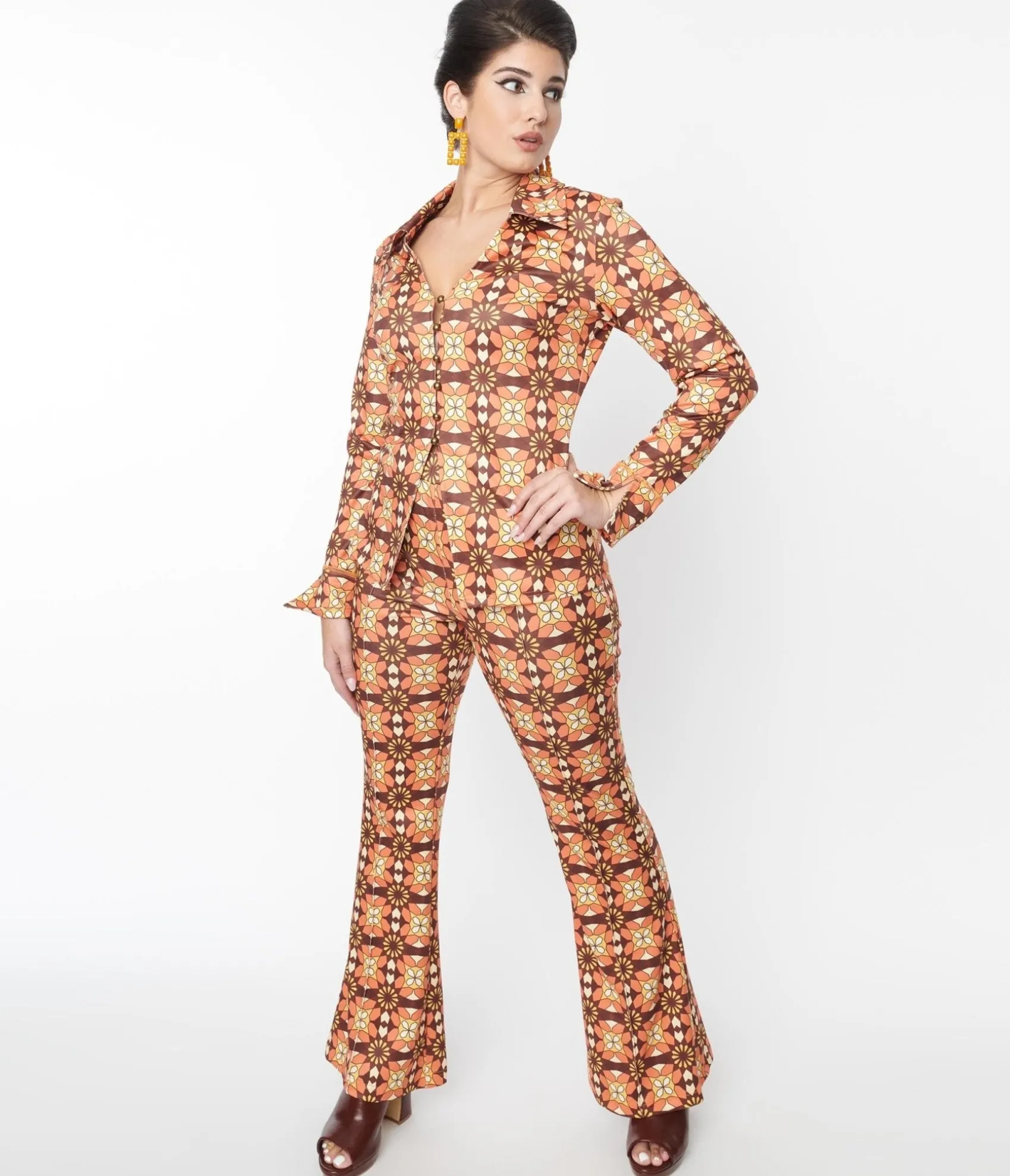 Unique Vintage 1970s Orange & Brown Mosaic Flare Pants Flash Sale