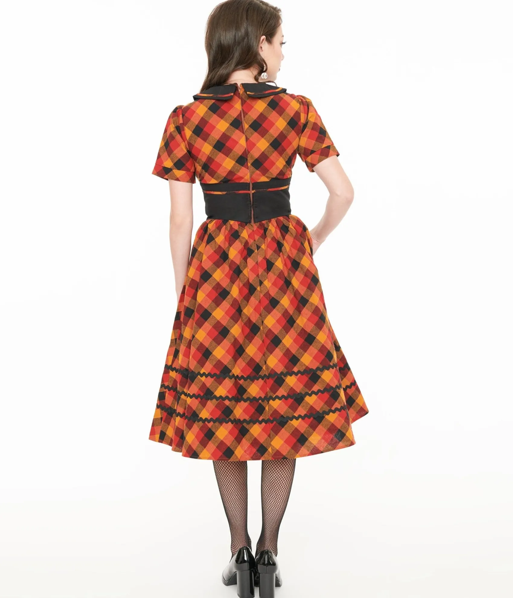 Unique Vintage 1950s Orange & Red Plaid Peter Pan Collar Swing Dress Store