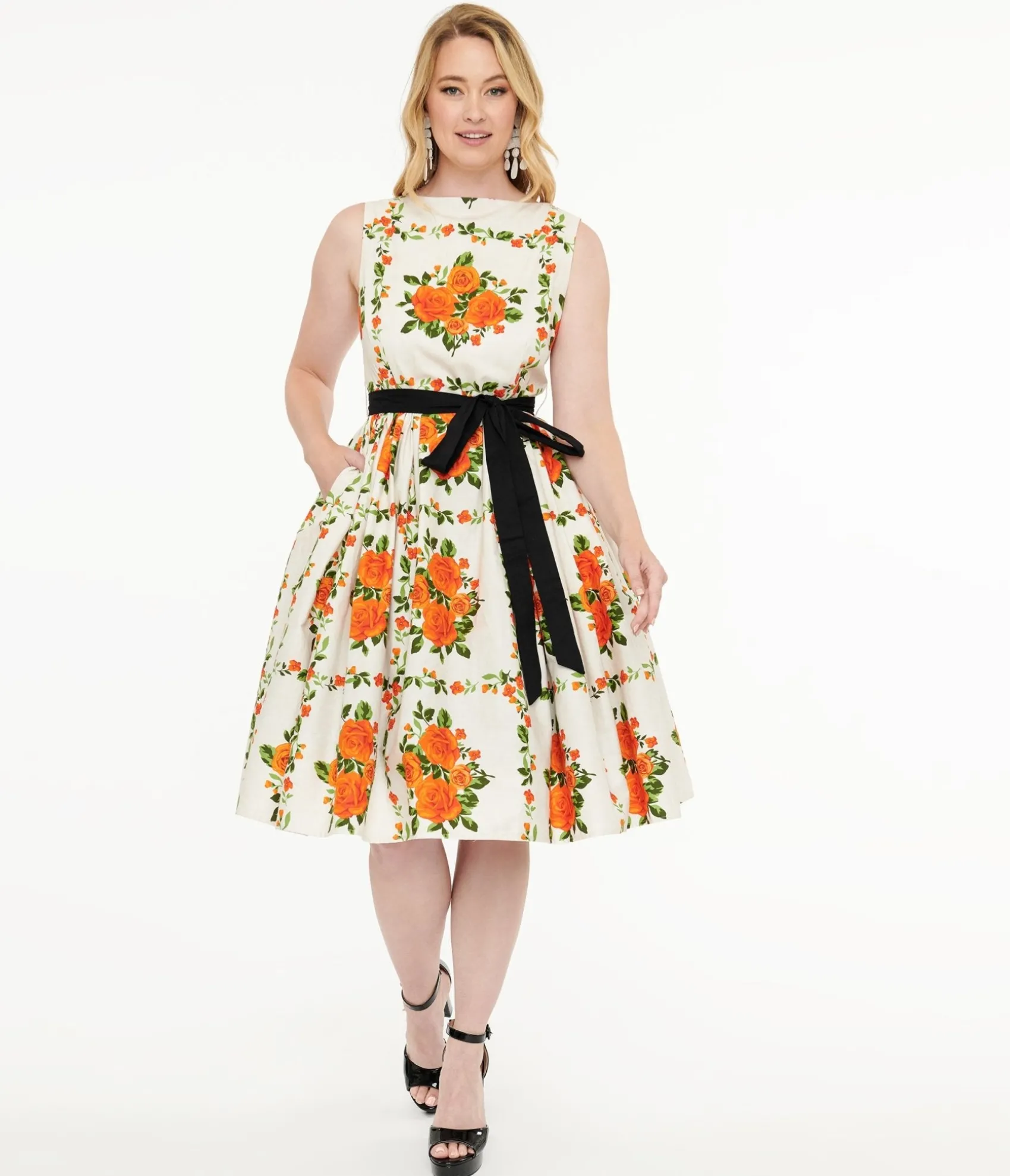 Unique Vintage 1950s Orange Fall Floral Sleeveless Swing Dress Online