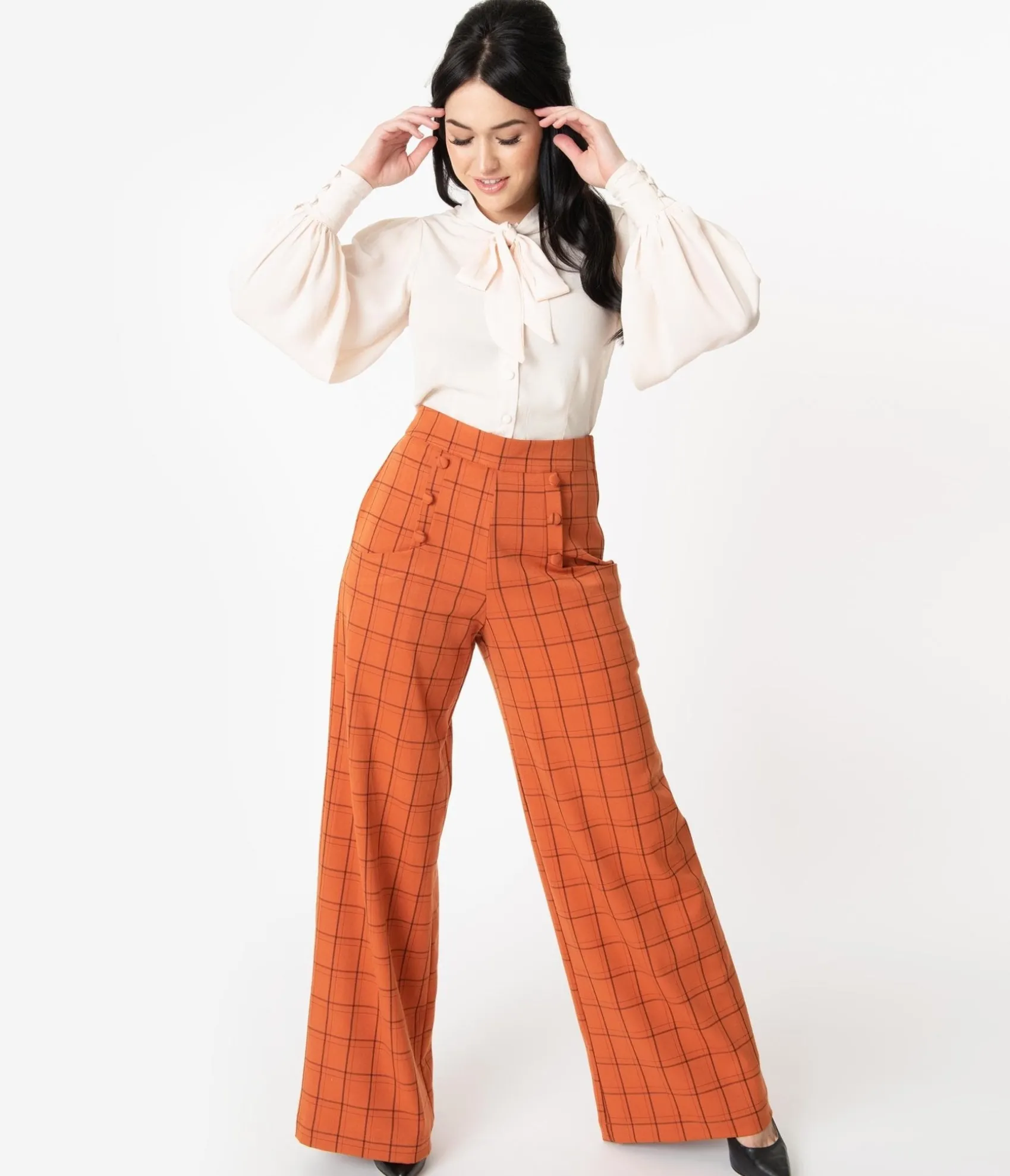 Unique Vintage 1940s Orange Windowpane High Waist Ginger Pants Outlet