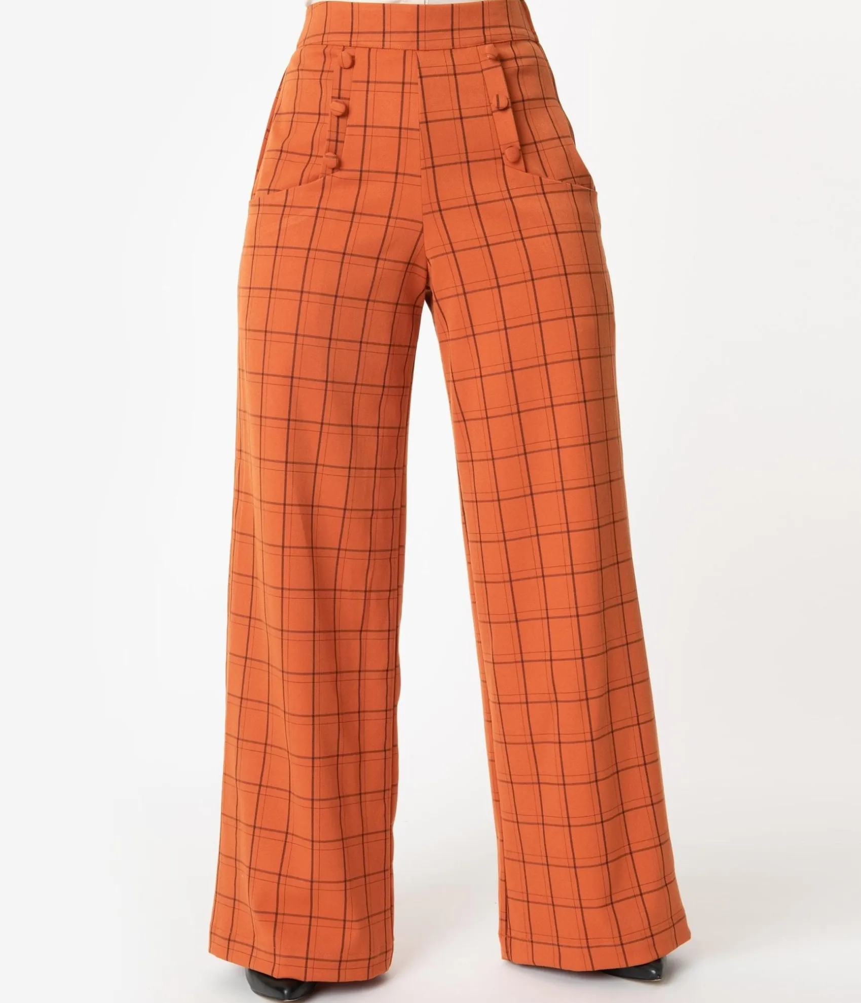 Unique Vintage 1940s Orange Windowpane High Waist Ginger Pants Outlet
