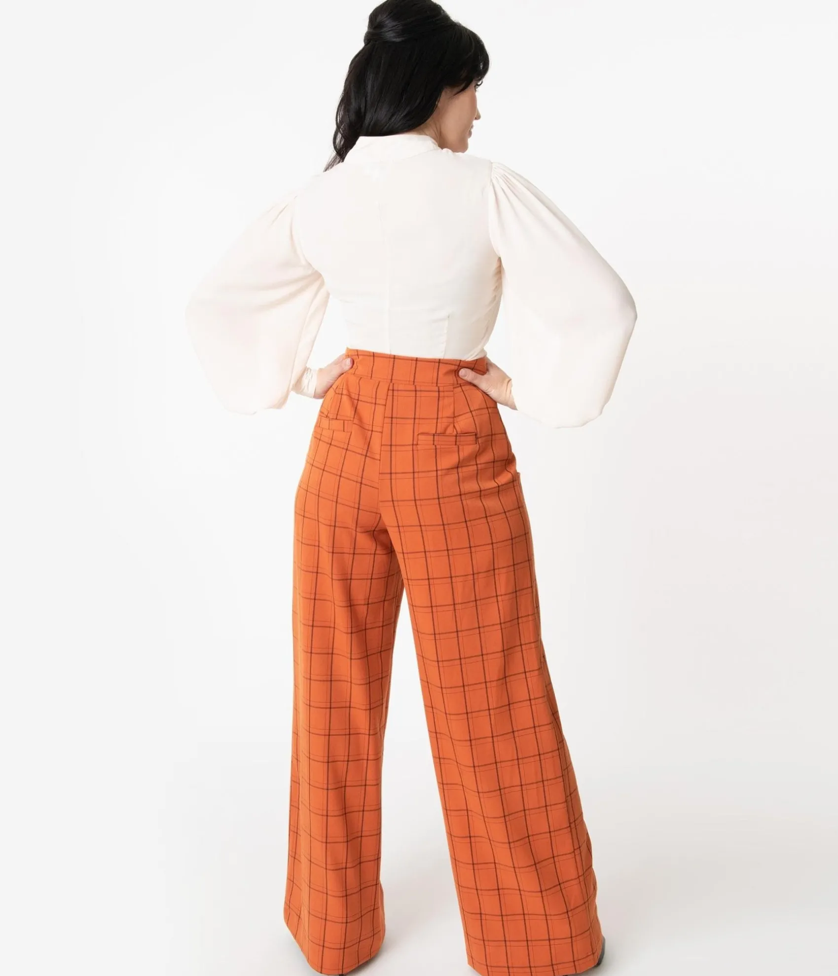 Unique Vintage 1940s Orange Windowpane High Waist Ginger Pants Outlet
