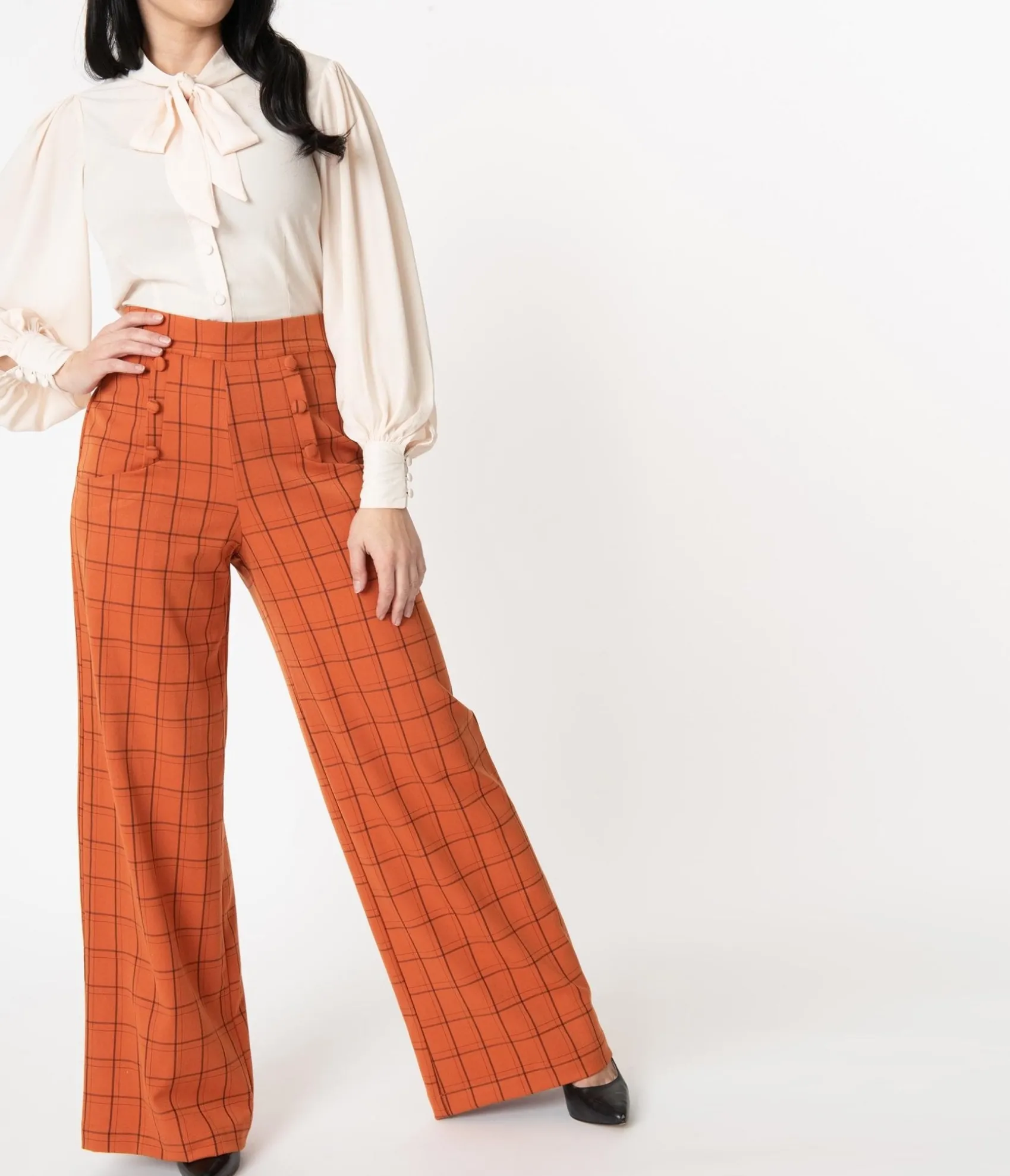 Unique Vintage 1940s Orange Windowpane High Waist Ginger Pants Outlet