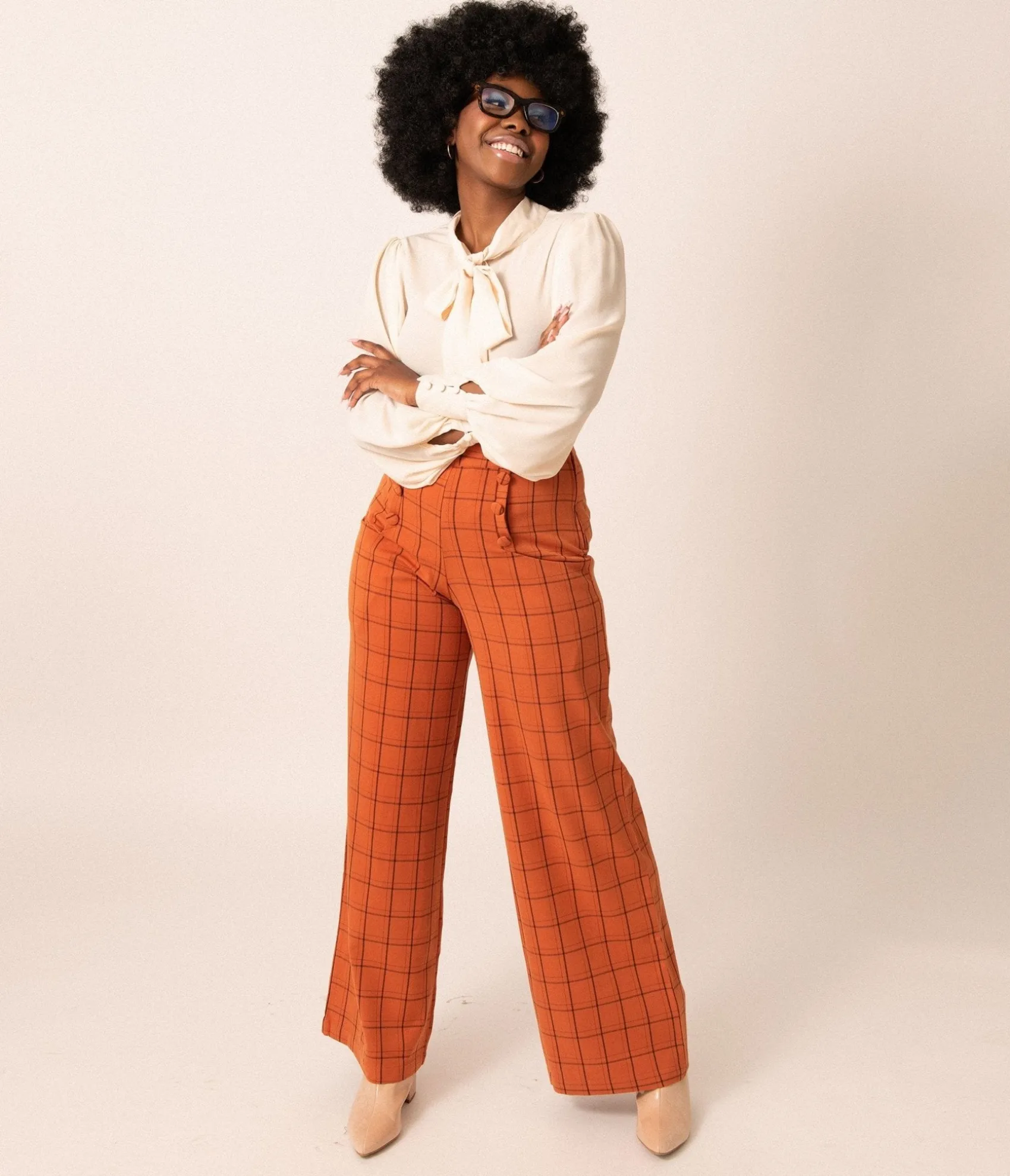 Unique Vintage 1940s Orange Windowpane High Waist Ginger Pants Outlet