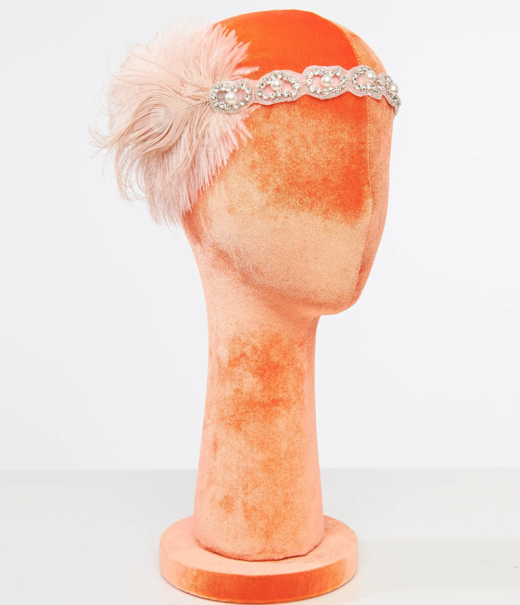 Unique Vintage 1920s Peach Feather & Silver Rhinestone Headband Flash Sale