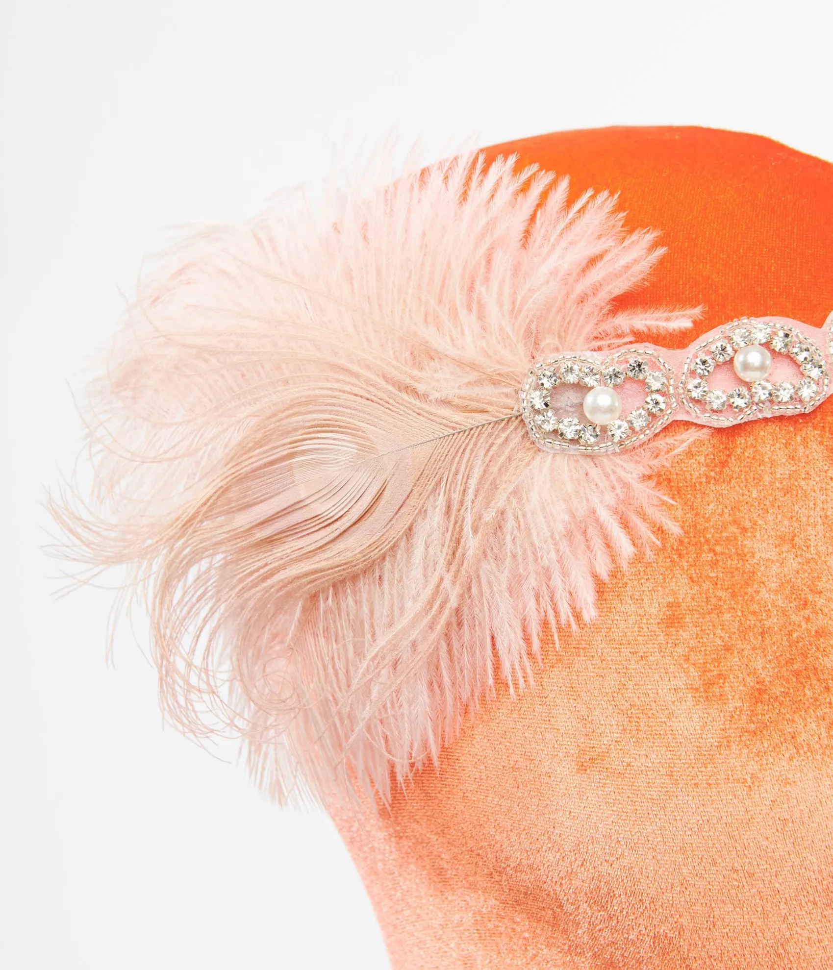 Unique Vintage 1920s Peach Feather & Silver Rhinestone Headband Flash Sale