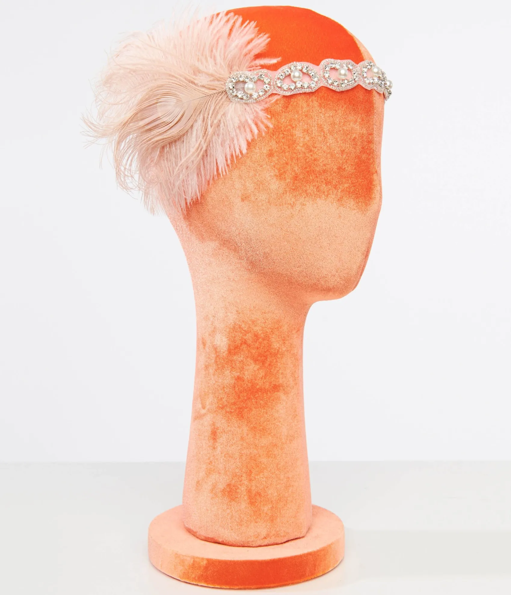 Unique Vintage 1920s Peach Feather & Silver Rhinestone Headband Flash Sale