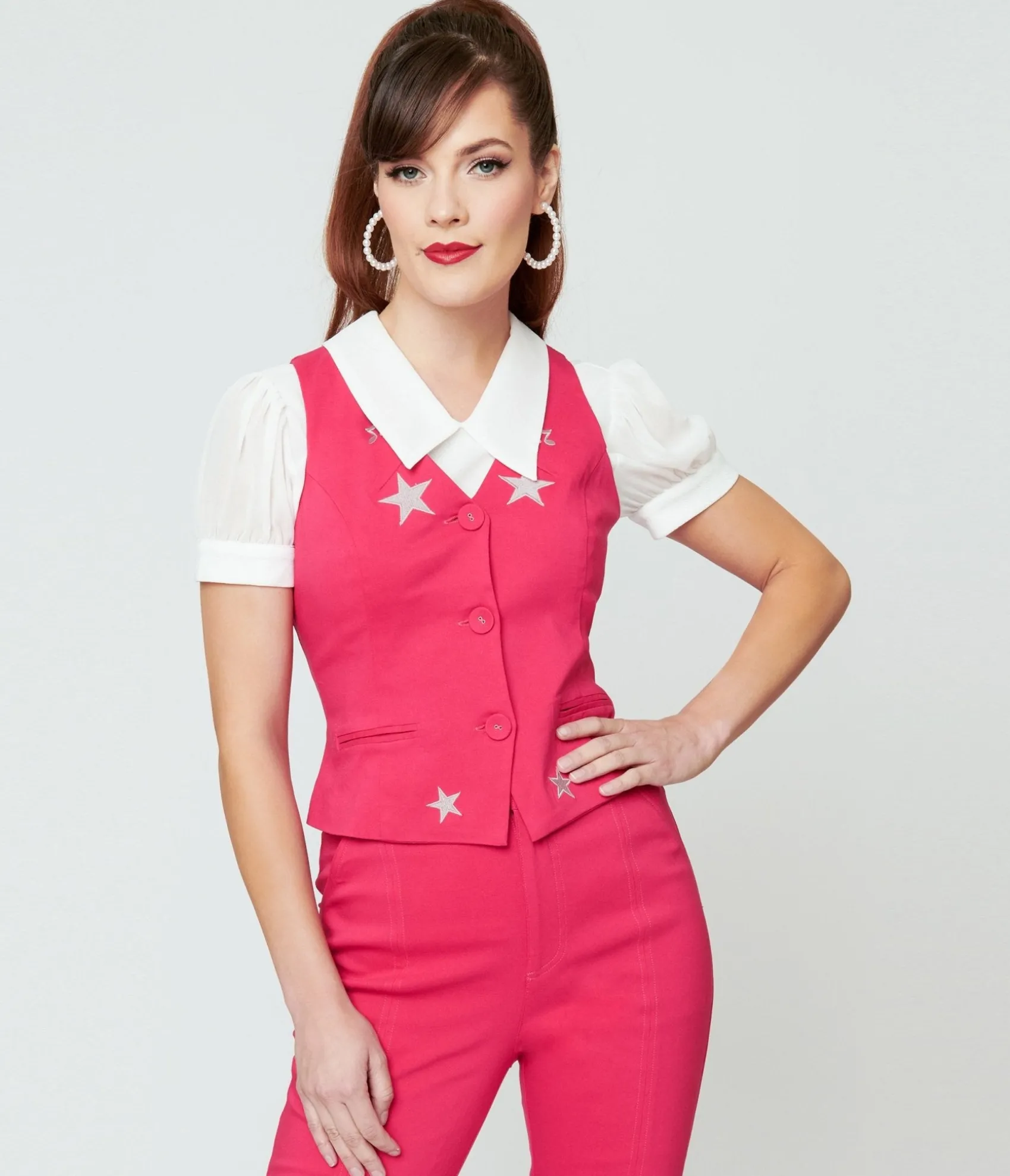 Unique Vintage 1970s Pink & Glitter Star Button Up Vest New