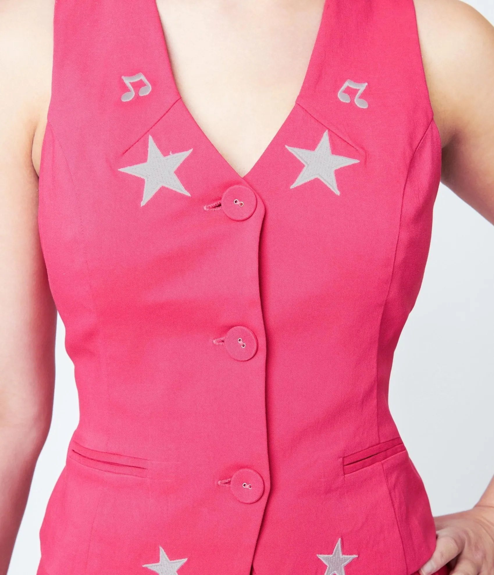 Unique Vintage 1970s Pink & Glitter Star Button Up Vest New