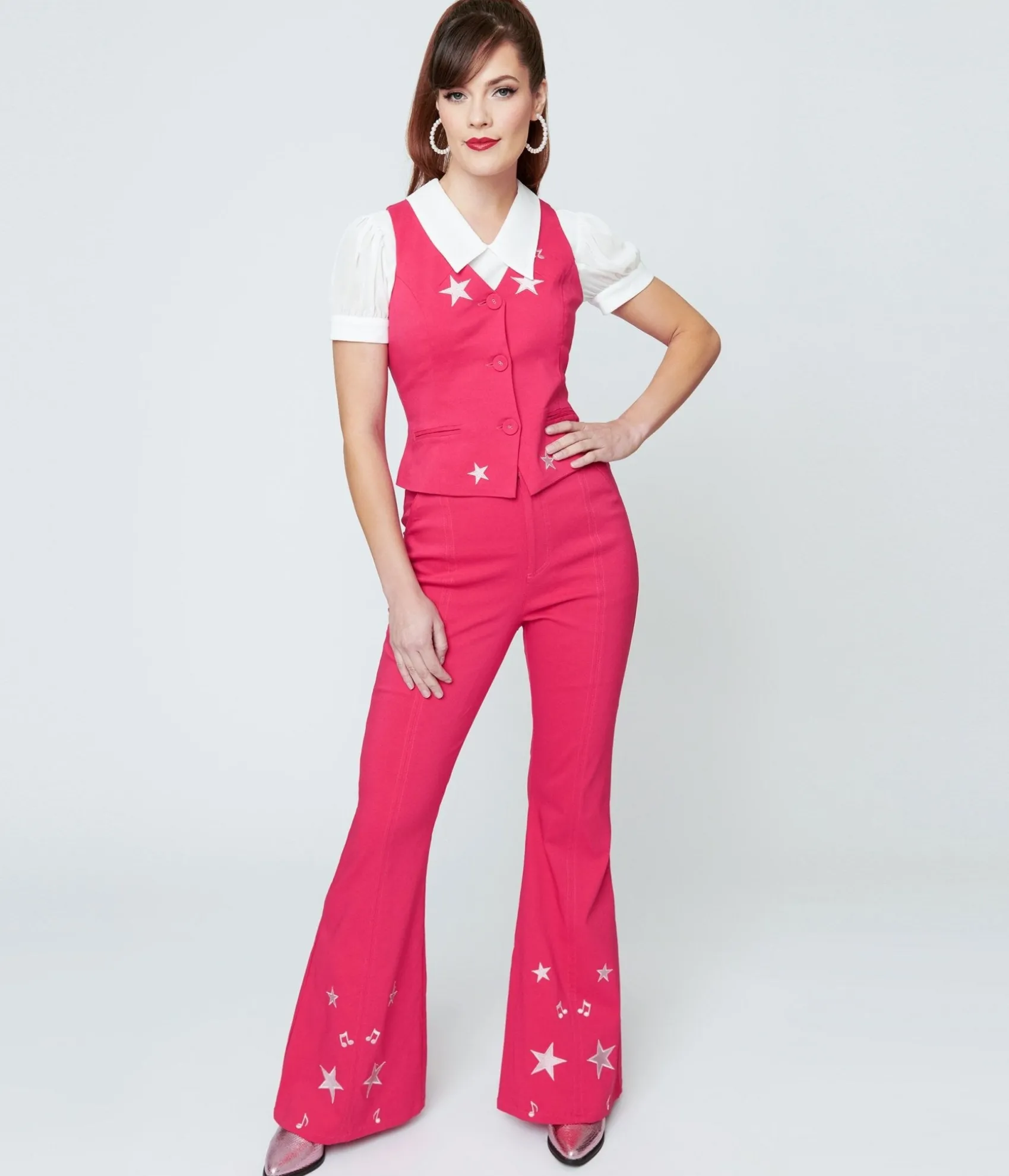 Unique Vintage 1970s Pink & Glitter Stars Flare Pants Sale