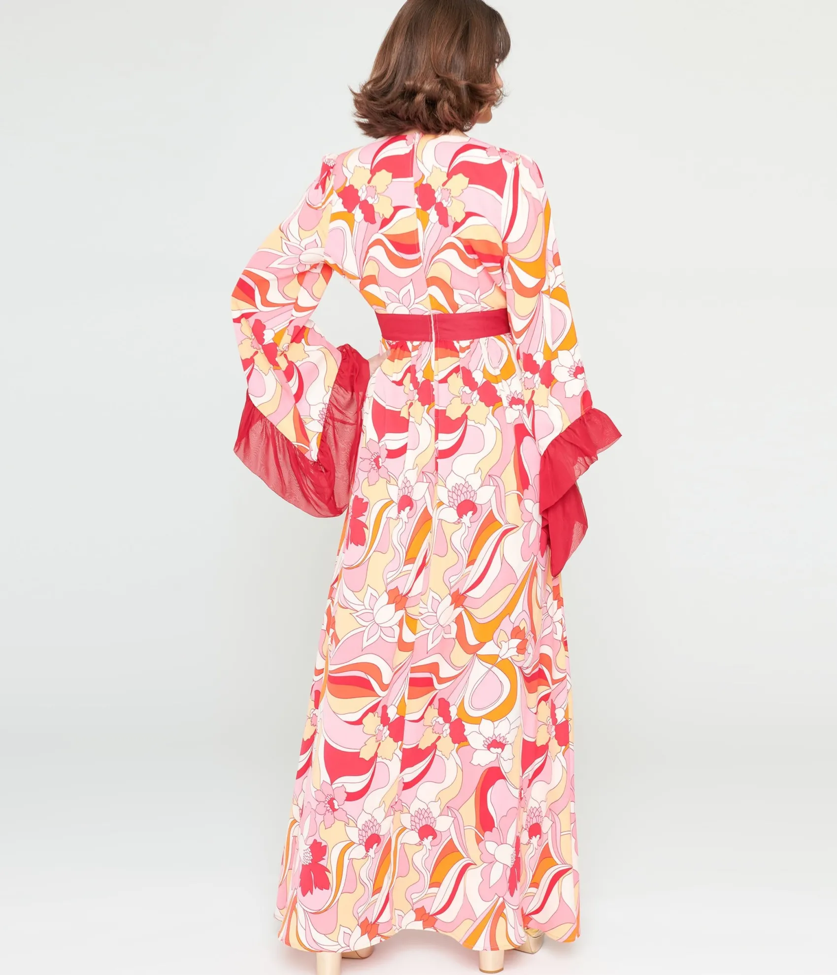 Unique Vintage 1970s Pink & Red Psychedelic Floral Maxi Dress Cheap