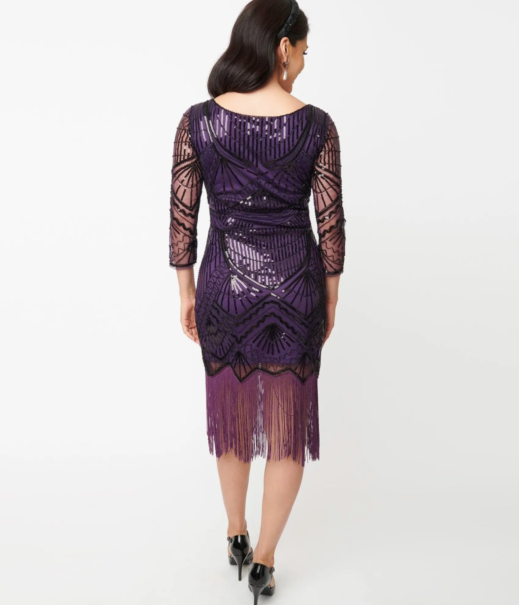 Unique Vintage 1920s Purple & Black Sequin Sleeved Therese Flapper Dress Outlet