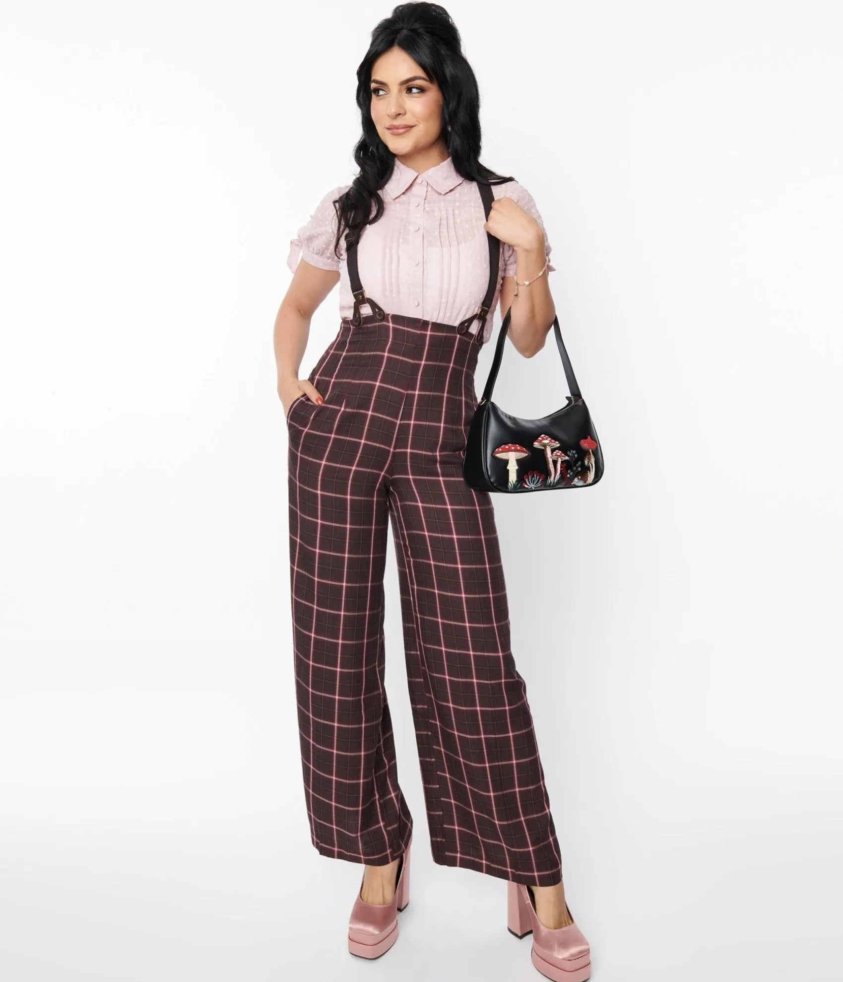 Unique Vintage 1930s Purple & Mauve Plaid High Waist Suspender Pants Shop