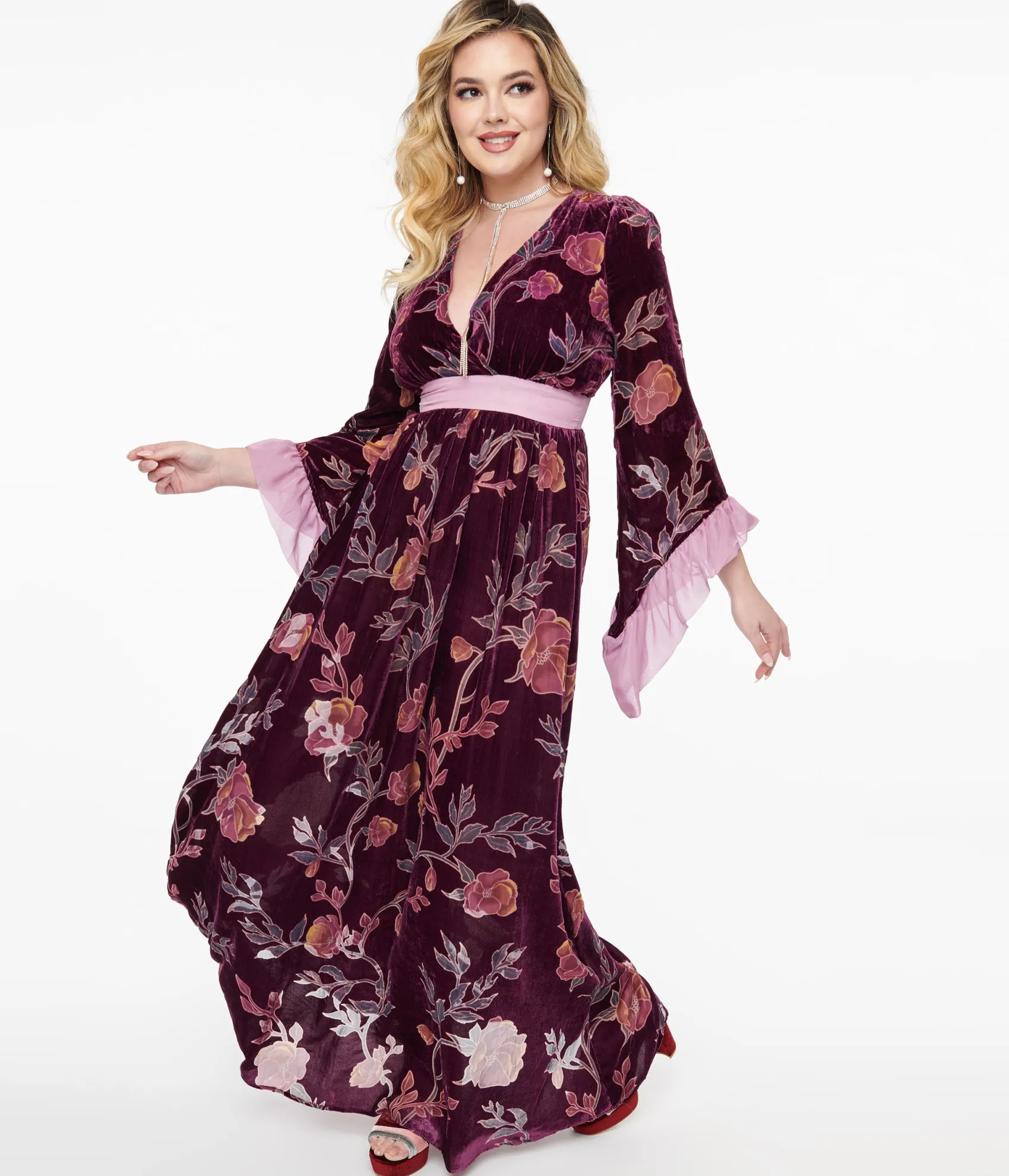 Unique Vintage 1970s Purple Floral Burnout Velvet Maxi Dress Shop