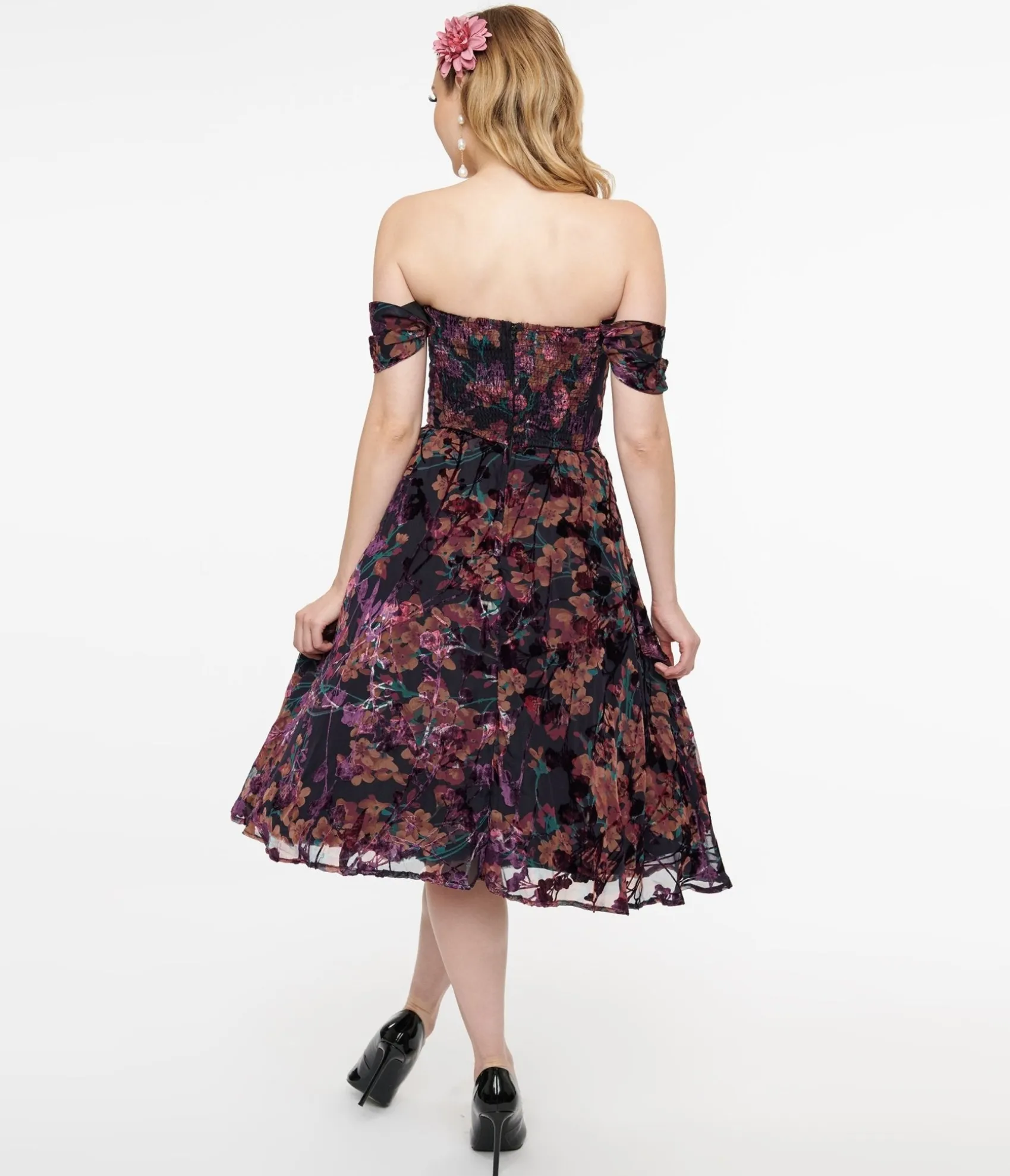 Unique Vintage 1950s Purple Floral Velvet Burnout Off Shoulder Flare Dress Hot