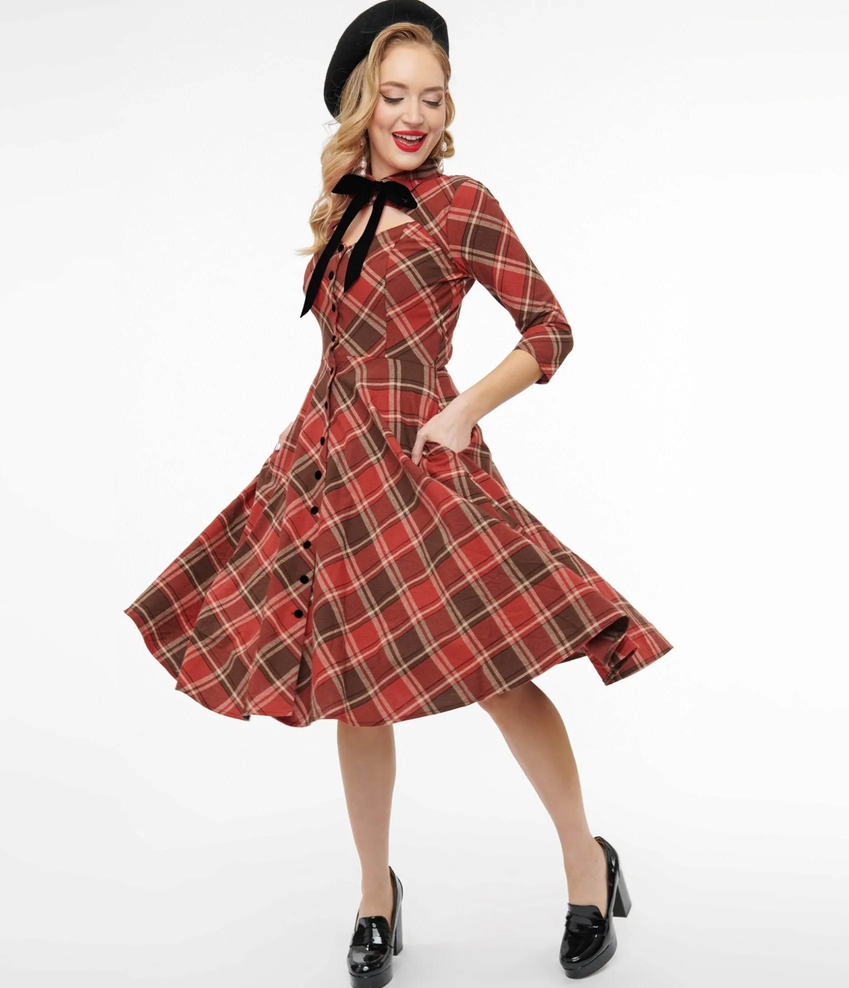 Unique Vintage 1950s Red & Brown Bias Plaid Swing Dress Shop