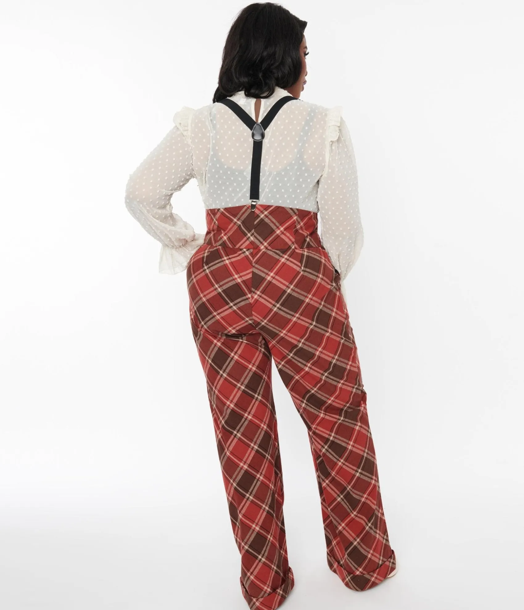 Unique Vintage 1940s Red & Brown Plaid Wide Leg Suspender Pants Store