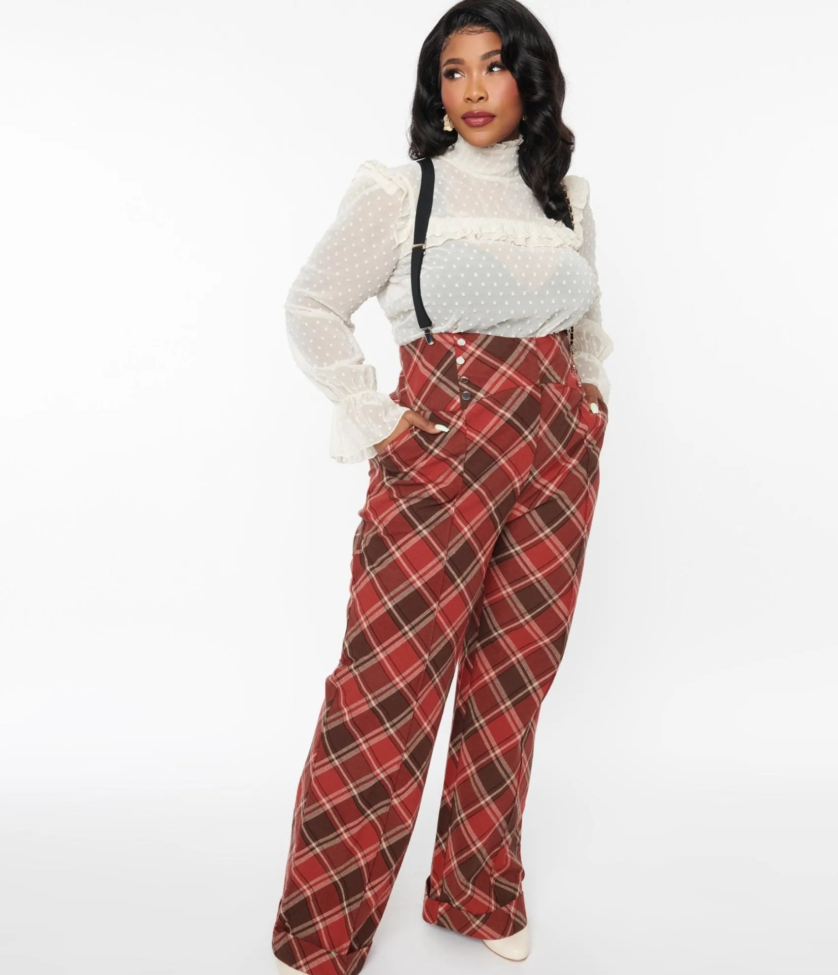 Unique Vintage 1940s Red & Brown Plaid Wide Leg Suspender Pants Store
