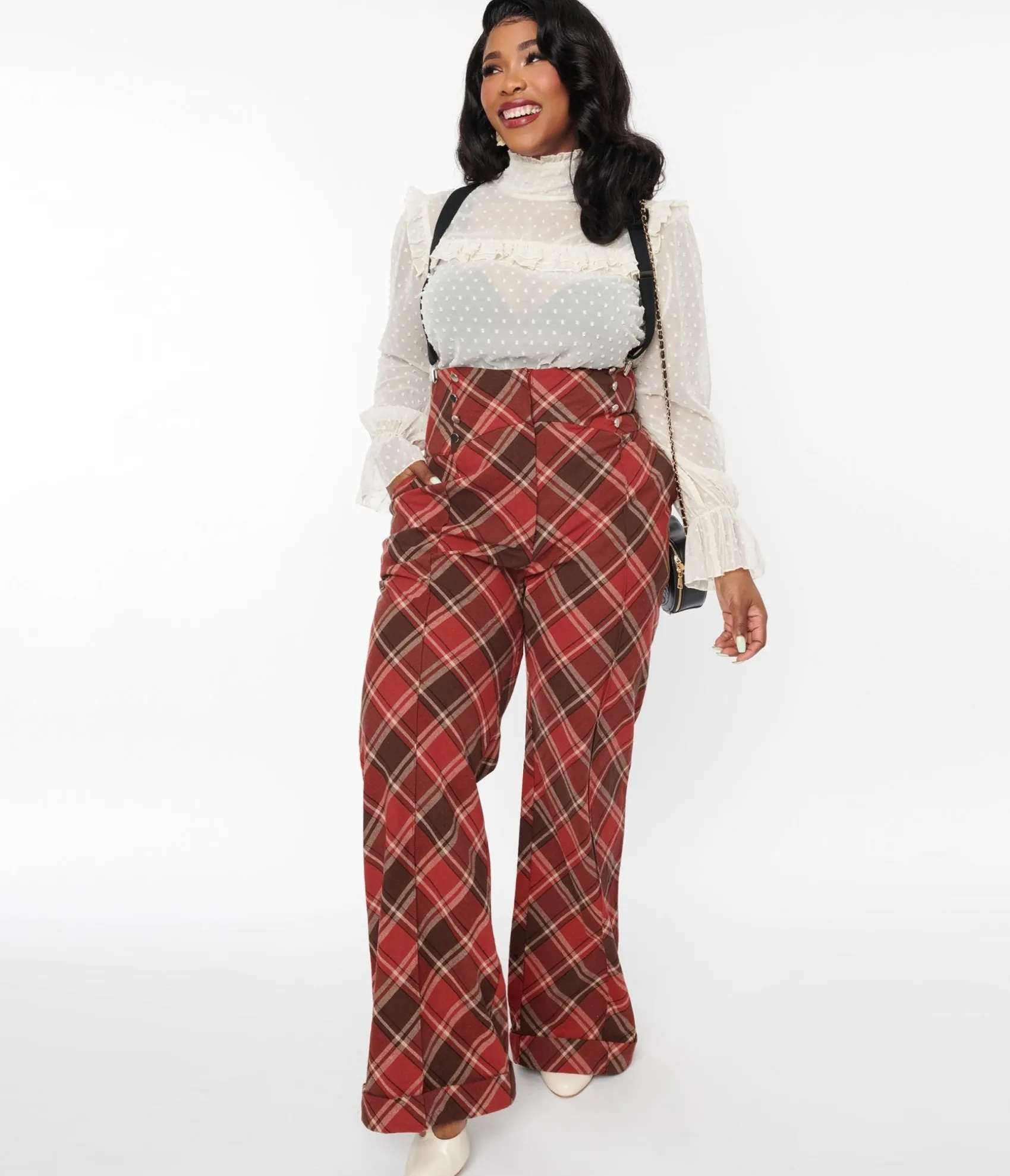 Unique Vintage 1940s Red & Brown Plaid Wide Leg Suspender Pants Store